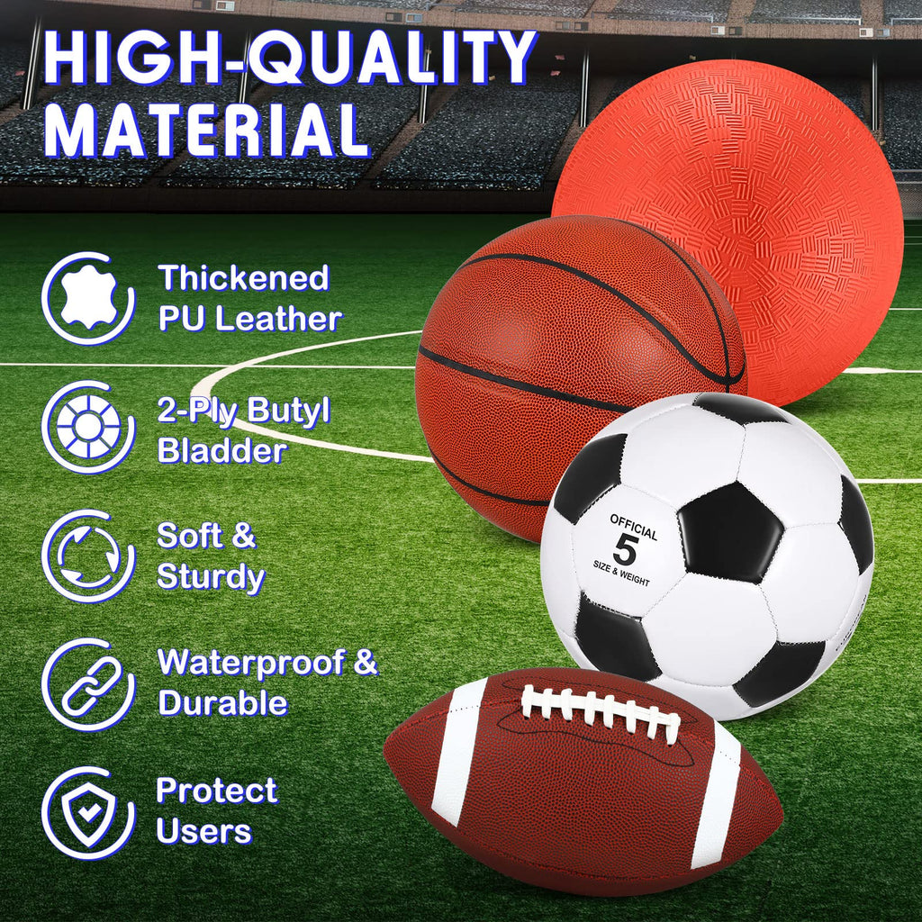 Lenwen 4 Pcs Sports Balls Set for Teen Adult, Include Official Size Basketball Soccer Football Playground Ball Pump Equipment Bag Ball Gifts Back to School