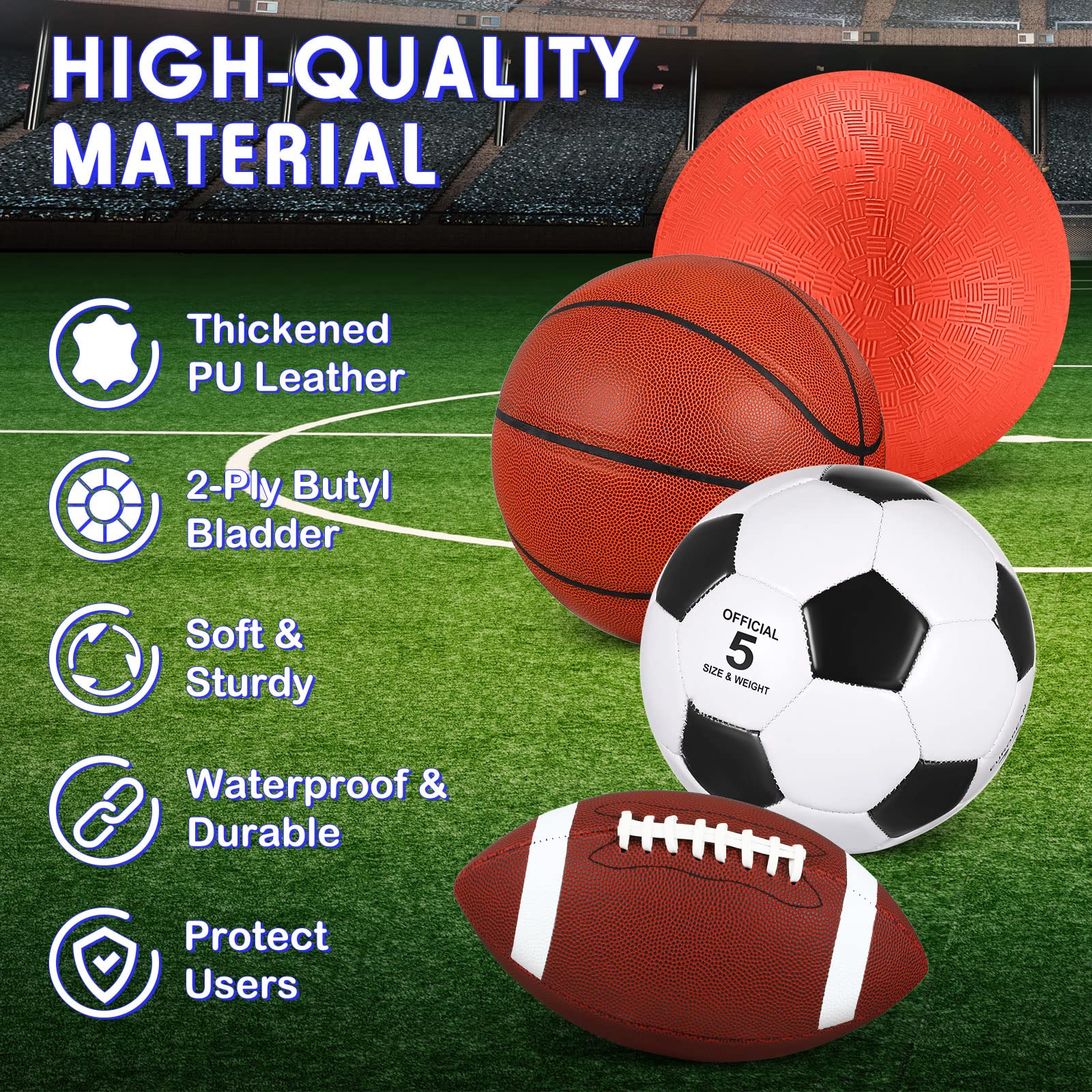 Lenwen 4 Pcs Sports Balls Set for Teen Adult, Include Official Size Basketball Soccer Football Playground Ball Pump Equipment Bag Ball Gifts Back to School
