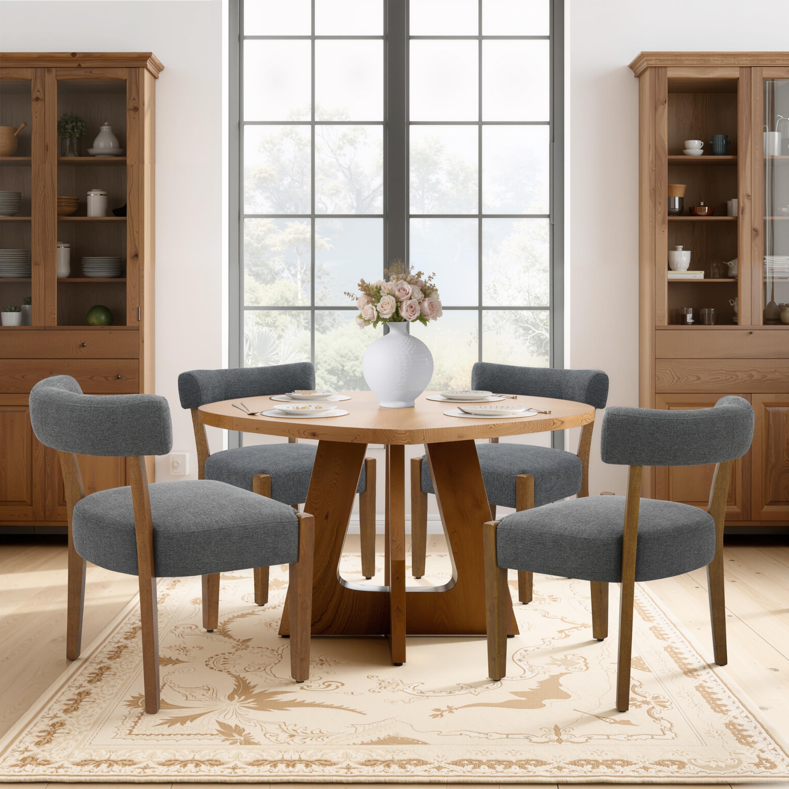 RNKSFX Upholstered Dining Chairs Set of 2, Walnut Wooden Kitchen & Dining Room Chairs, Mid Century Modern Fabric Farmhouse Dining Chairs Oversized Sturdy Rounded Chairs Curved Back, Beige Fabric