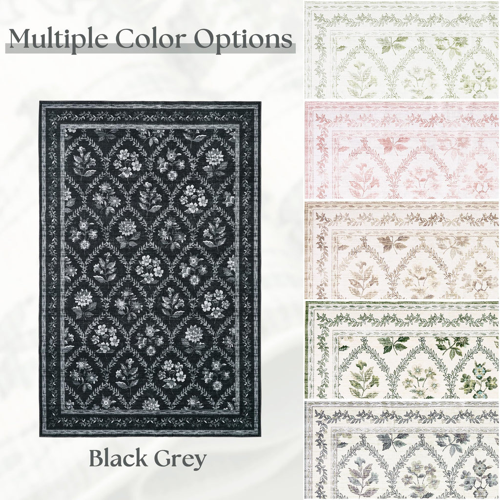 Black Floral Area Rug for Entryway 2x3 Washable Small Rug Low Pile Non Slip Distressed Entry Mat Soft Farmhouse Indoor Entrance Door Mat for Kitchen Bedroom Home Office Black Grey and White