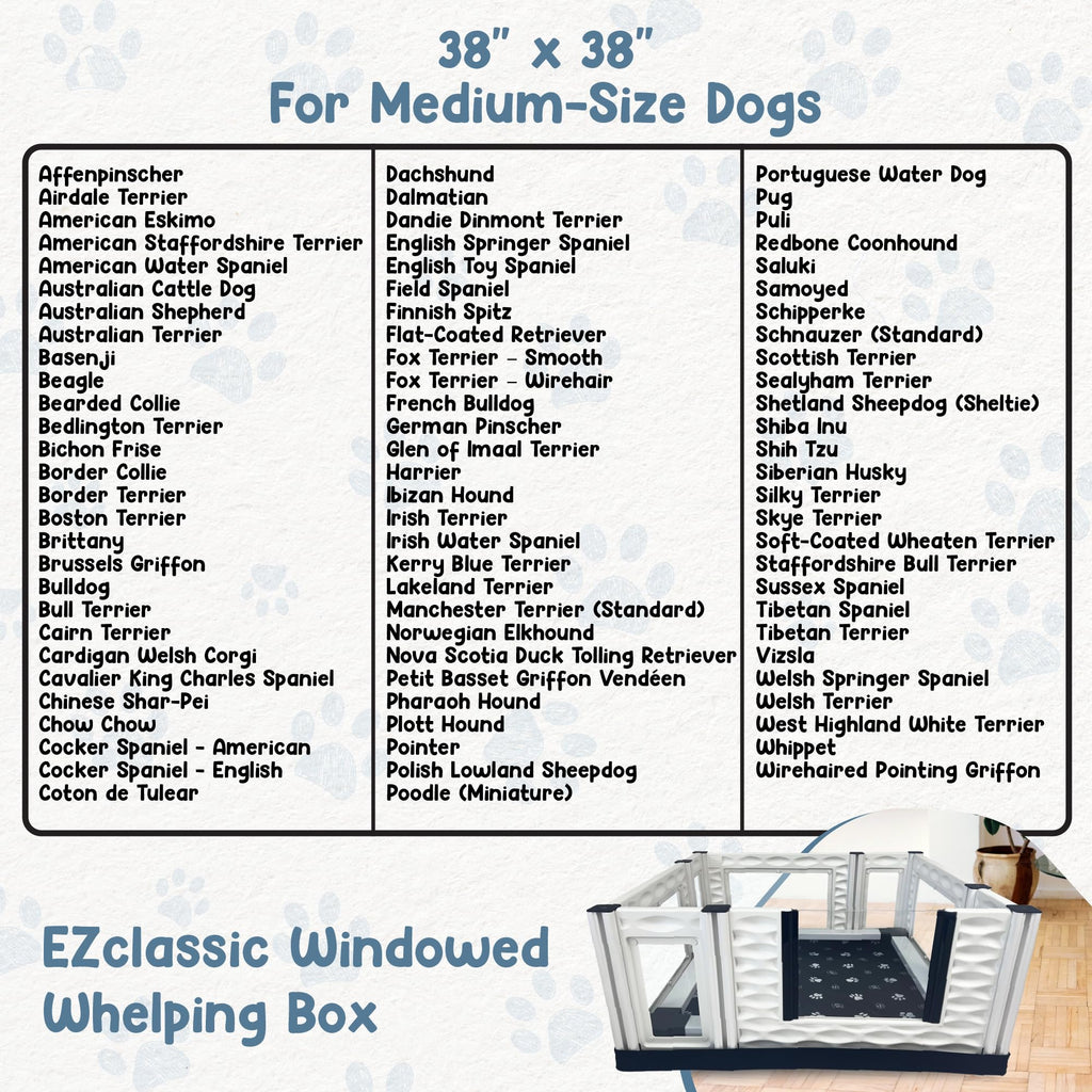 EZwhelp EZclassic Windowed 48"x48"x18" Whelping Box with Rails and Windowed Walls, Padded Dog Whelping Box, Black Pad