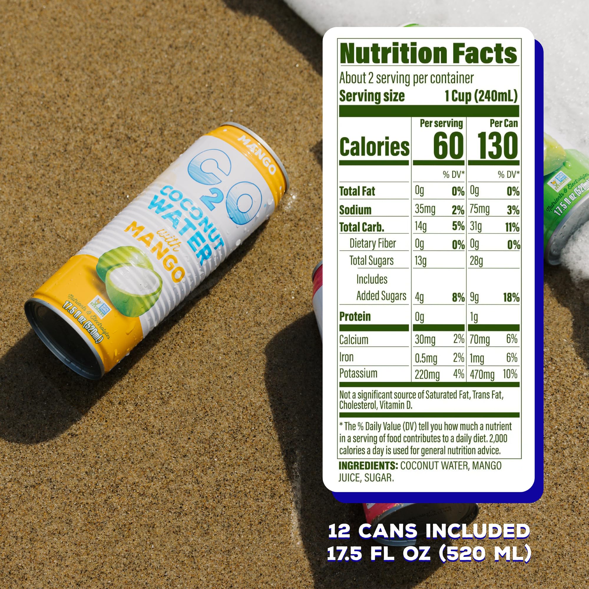 C2O - Coconut Water with Ginger, Lime, & Turmeric (12 Pack) - Made with Fresh Coconut Water - Plant Based - Non GMO - Canned Water - Natural Hydration, Electrolytes, & Potassium - 12 Cans, 17.5 FL OZ