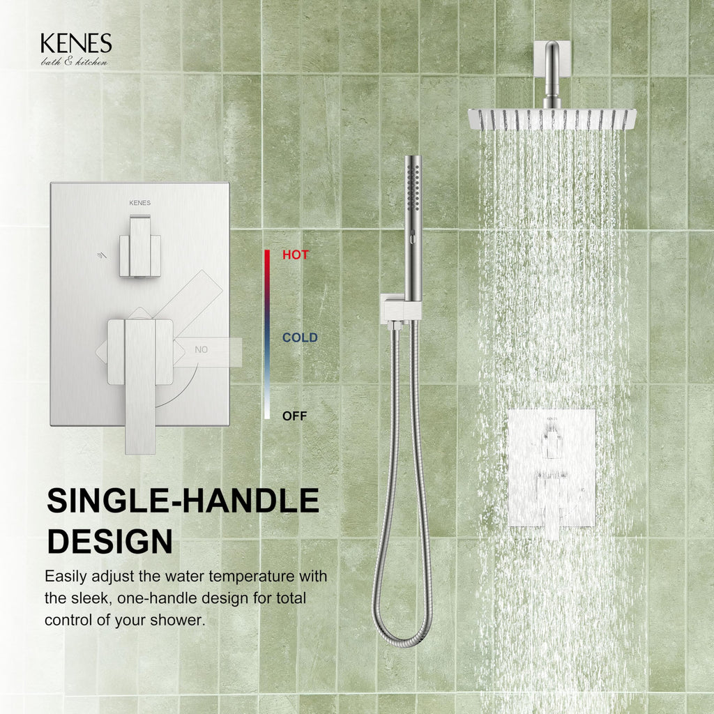 KENES Brushed Nickel 10-Inch Shower Head and Handle Set, Square Shower Faucet Set Bathroom Rainfall Shower System Wall Mount, KE-6024B (Shower Valve Included)