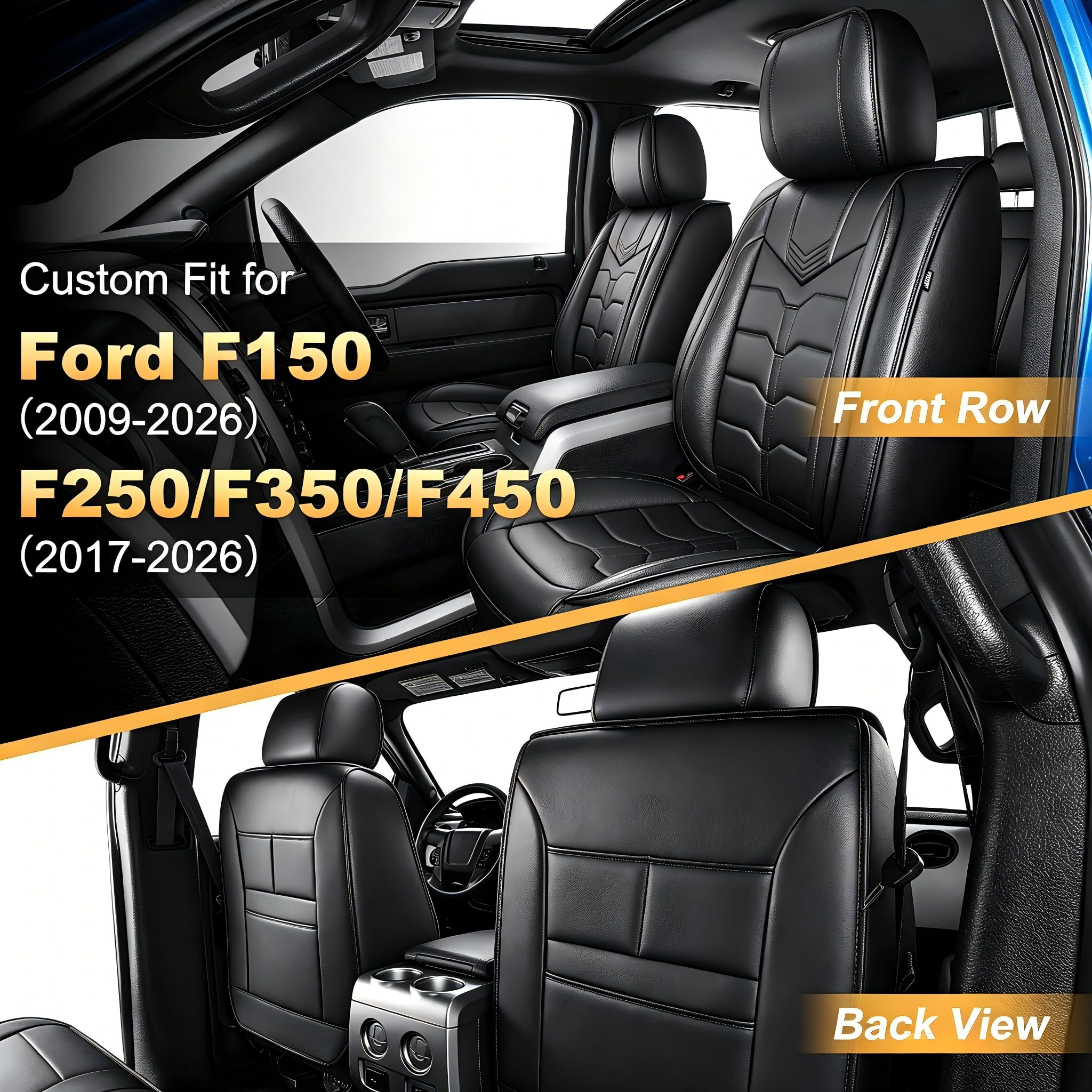 AOMSAZTO Seat Covers Fit for Ford F150 : 2009-2024 2025 2026 - F250/F350/F450 2017-2024 2025 2026 Truck Pick-up Front Car Seat Covers Faux Leather(Blackline, 2PCS Front)