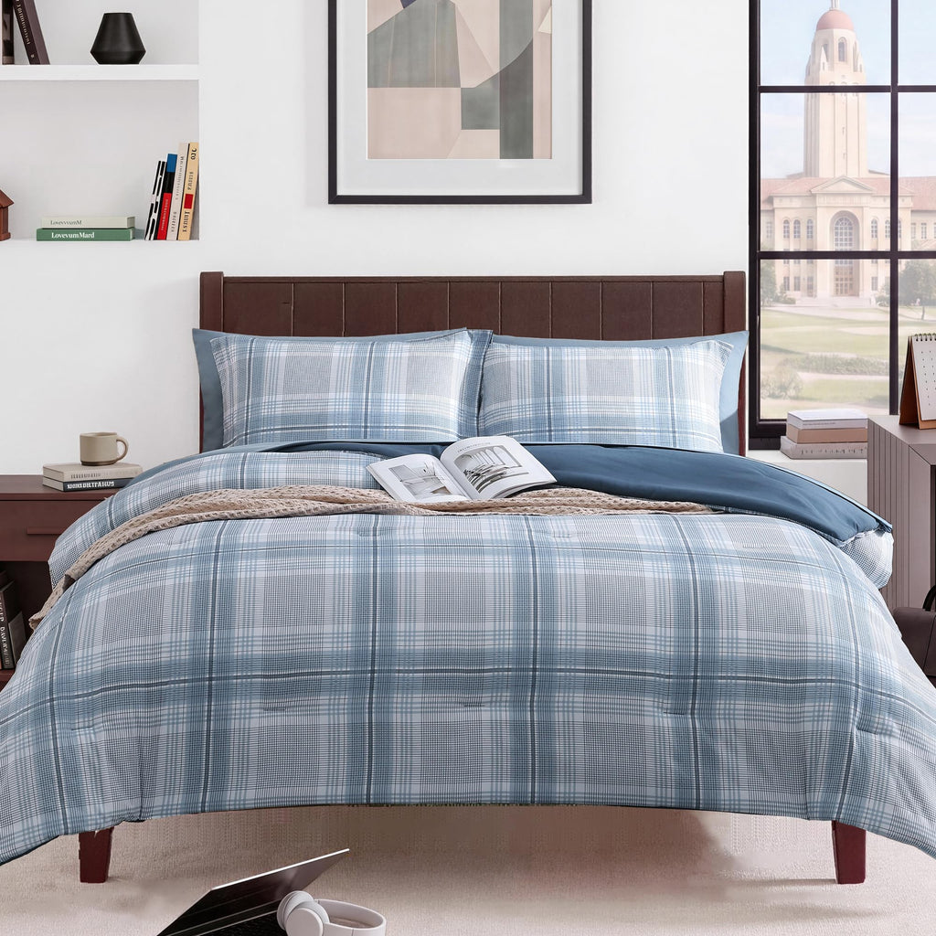 MaiRêve Queen Comforter Set, Classic Plaid Farmhouse Bedding Sets 7 Pieces, Beige All Season Bed in A Bag with Sheets, Pillowcases & Shams