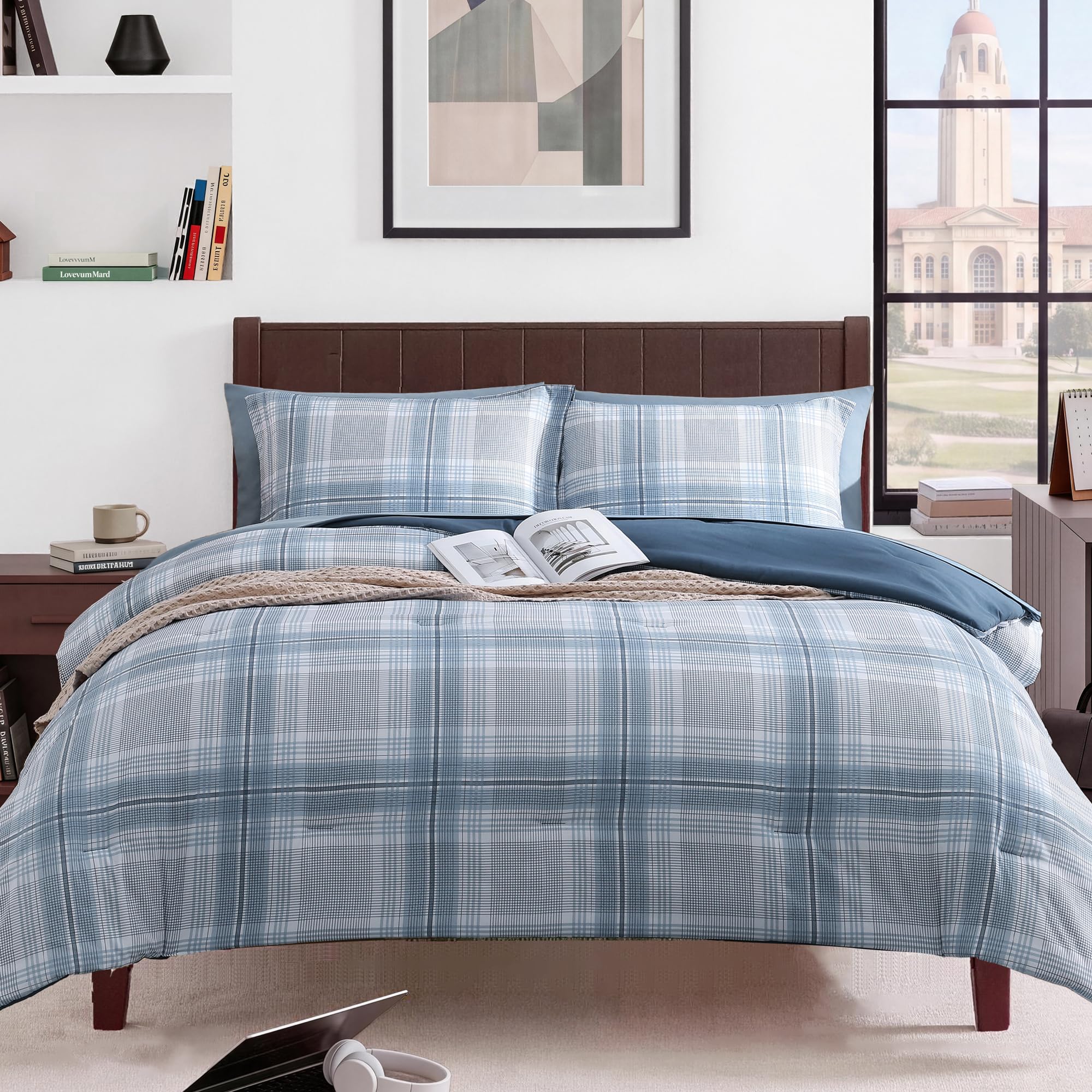 MaiRêve Queen Comforter Set, Classic Plaid Farmhouse Bedding Sets 7 Pieces, Beige All Season Bed in A Bag with Sheets, Pillowcases & Shams