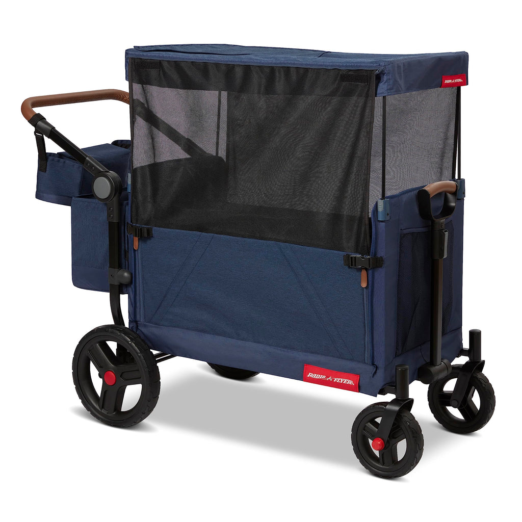 Radio Flyer Atlas Stroll 'N Wagon, Navy Blue, For Ages 1+, 3-in-1 Push or Pull Versatility, One-Hand Fold, UV Canopy, 5-Point Harnesses, Storage Capabilities, Rubber Wheels, Stroller Wagon for Kids