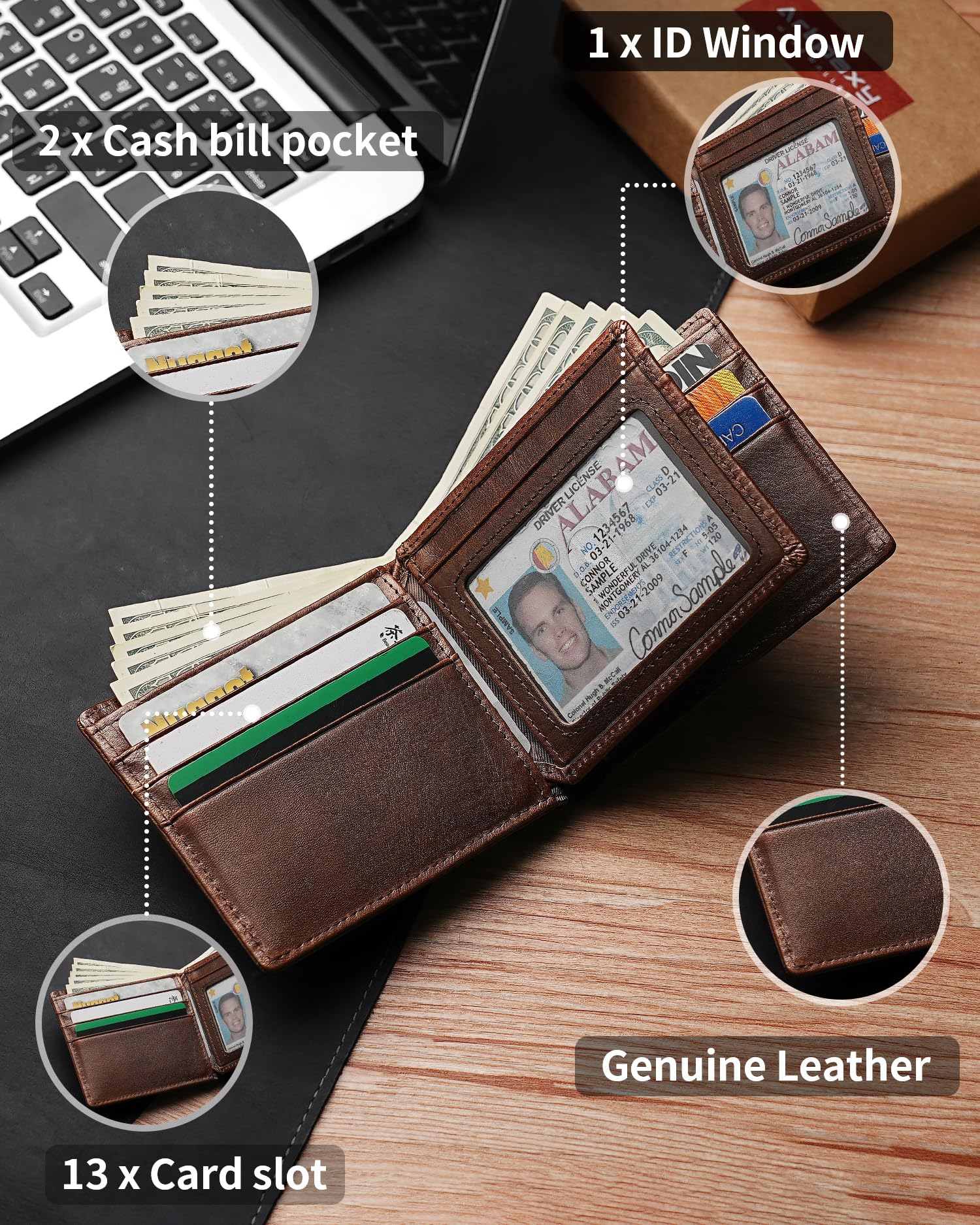 Artpaxy Mens Wallet Genuine Leather Bifold RFID Blocking Wallet for Men with 1 ID Window 13 Card Holders 2 cash pockets 1 Gift Box