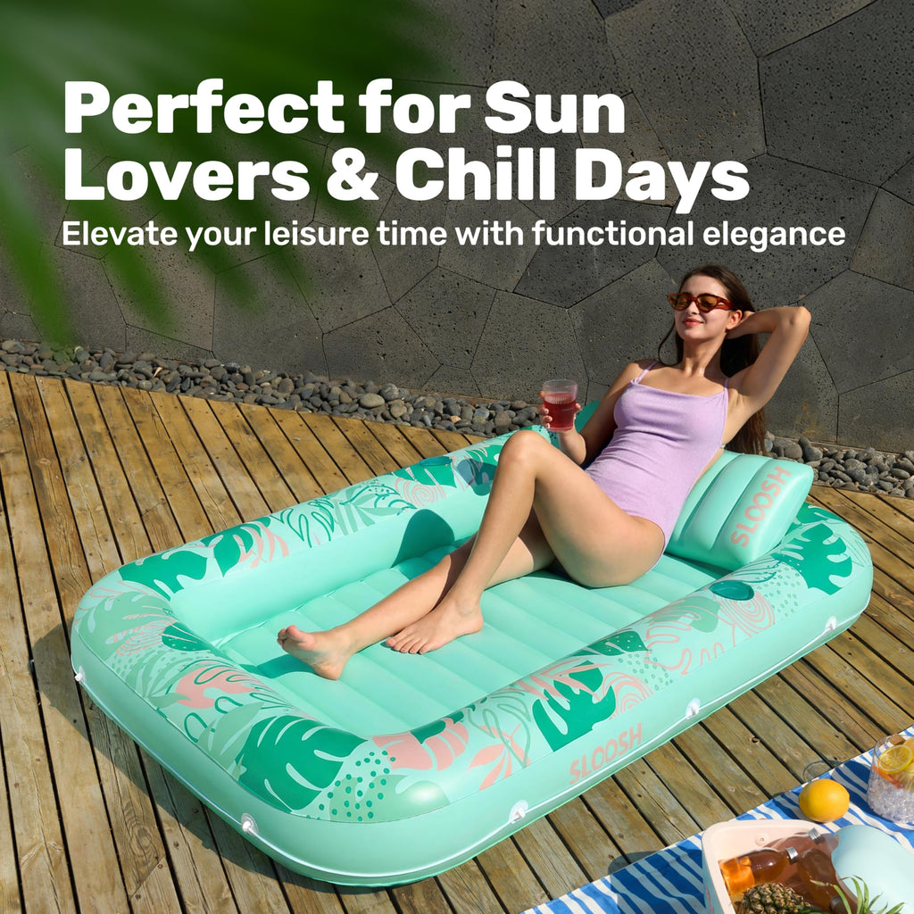 SLOOSH Inflatable Tanning Pool Lounger Float, 85" x 57" Extra Large Pool Floats Adult with Pillow, 4 in 1 Suntan Tub Raft Floatie,Sunbathing Bed Lounge for Water Blow Up Ball Pit Party Gifts, XL-Blue