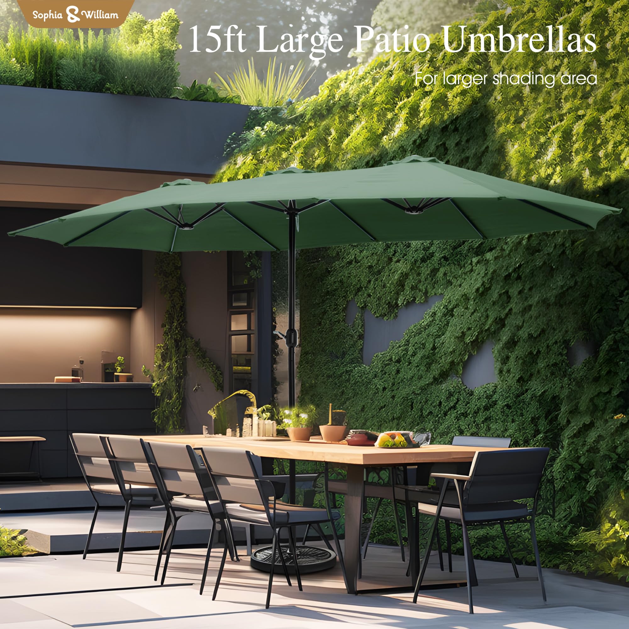 Sophia & William 15 ft Extra Large Patio Umbrella with Base Included, Rectangular Outdoor Umbrella Heavy Duty, Market Umbrella Double-sided Fade Resistant for Pool Garden Backyard, Beige