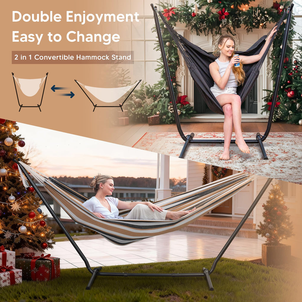 SUNCREAT 2-in-1 Convertible Free Standing Hammock with Stand Included, Camping Backyard Hammock with Stand, Patented, Blue & White Stripe