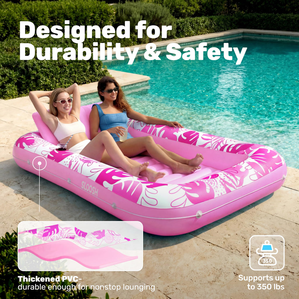 SLOOSH Inflatable Tanning Pool Lounger Float, 85" x 57" Extra Large Pool Floats Adult with Pillow, 4 in 1 Suntan Tub Raft Floatie,Sunbathing Bed Lounge for Water Blow Up Ball Pit Party Gifts, XL-Blue