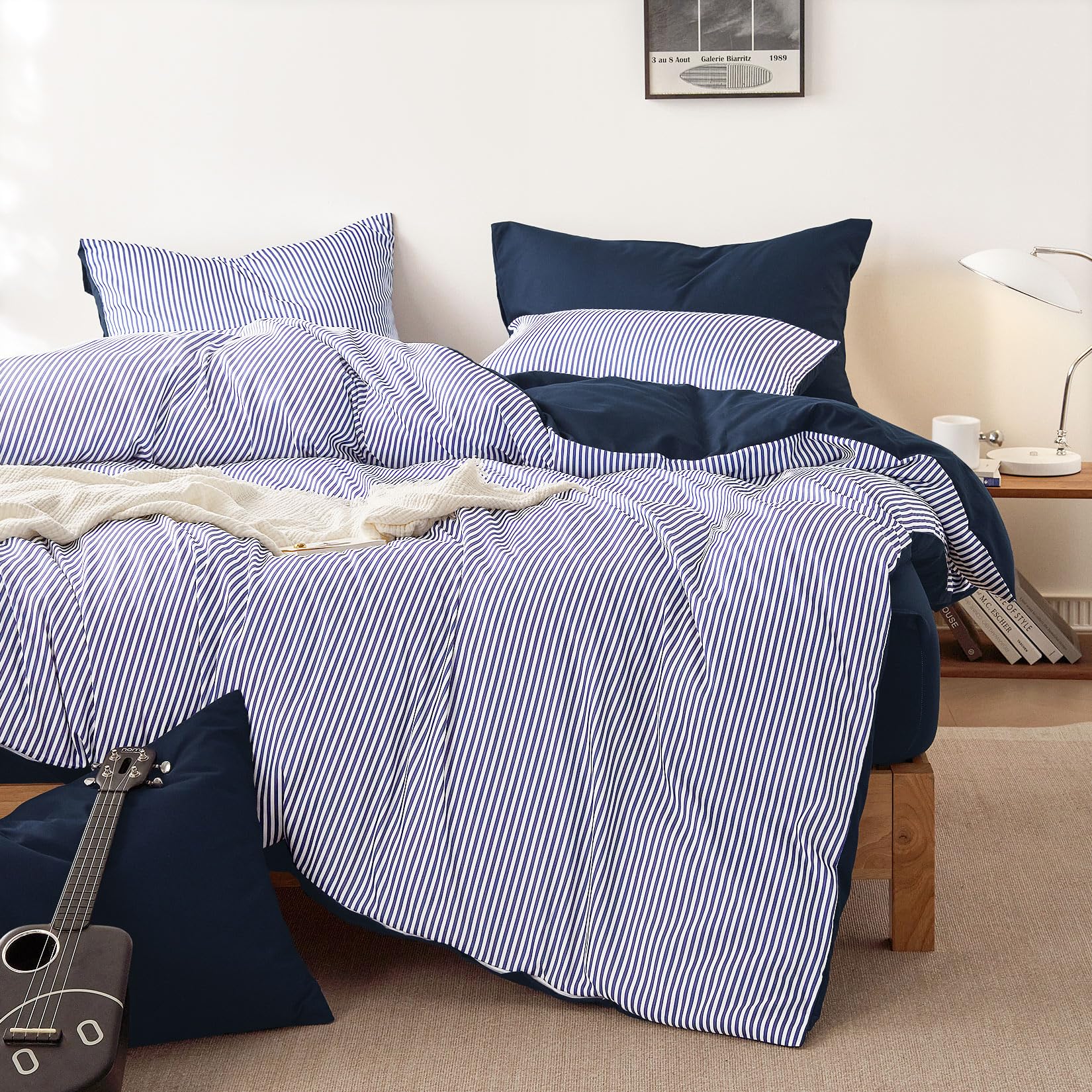 Wake In Cloud - Striped Comforter Set, Ticking Stripe Vertical Pinstripe Neutral Farmhouse Pattern Printed, Soft Lightweight Bedding, 3 Pieces, Blue White, Twin/Twin XL Size
