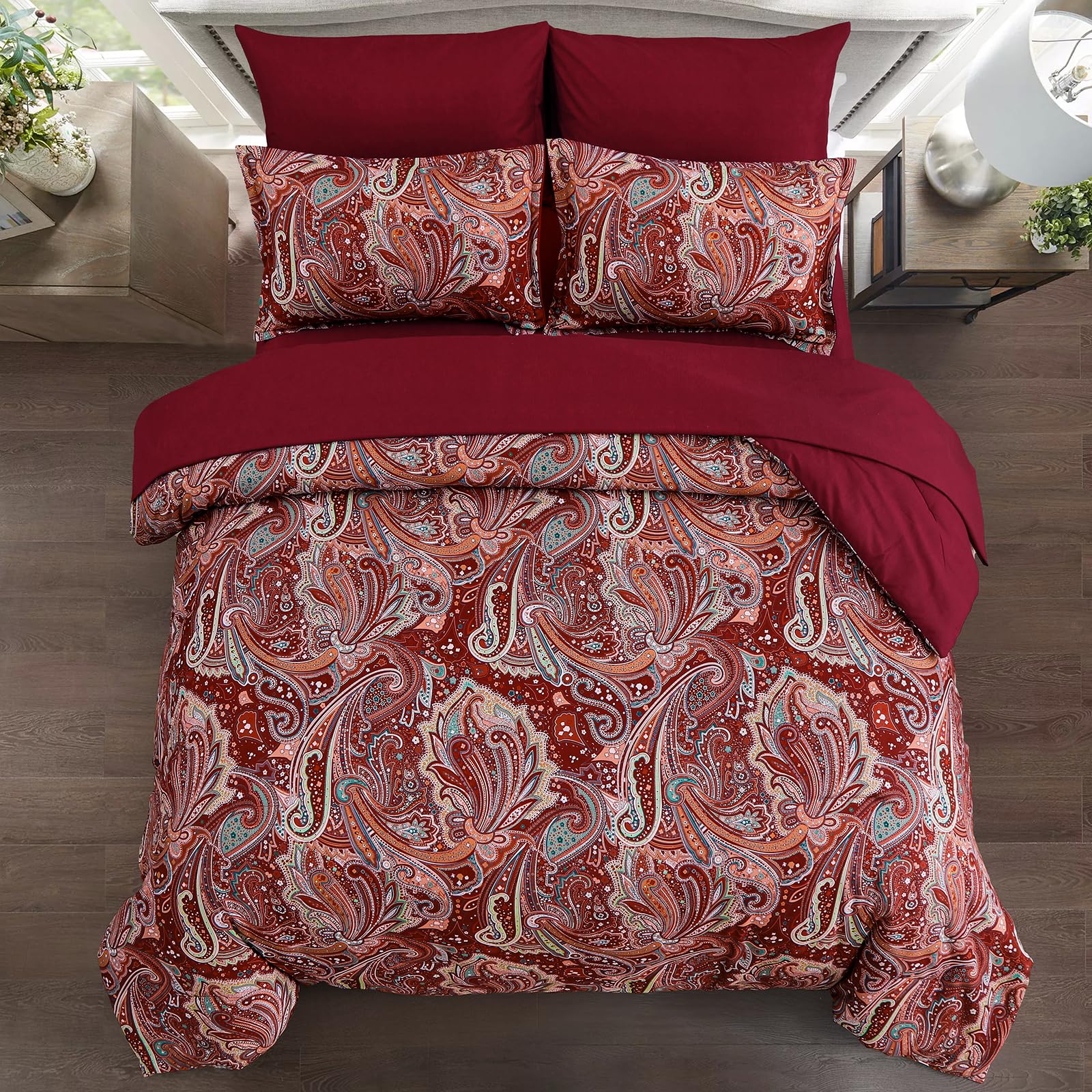 DJY Black Paisley Comforter Set Full Size 7 Piece Bed in a Bag Black and Grey Boho Paisley Pattern Comforter Set Soft Lightweight Microfiber Reversible Bedding Set for All Season