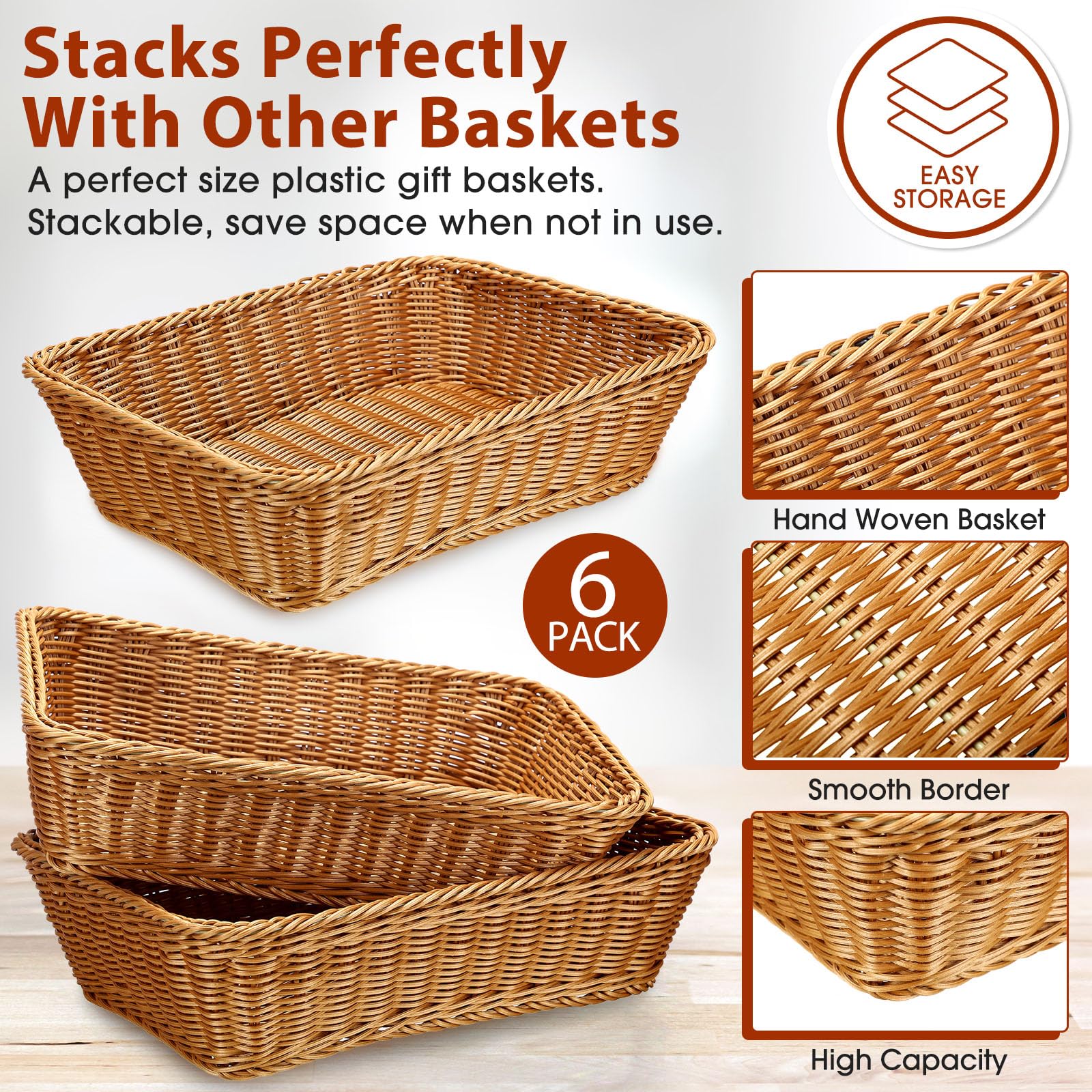 Eccliy 6 Pack Wicker Bread Baskets 15.8 Inch Woven Serving Basket for Gifts, Poly Wicker Storage Rectangle Rattan Display Trays for Bread Food Vegetables Fruit Snacks Tabletop Restaurant Home