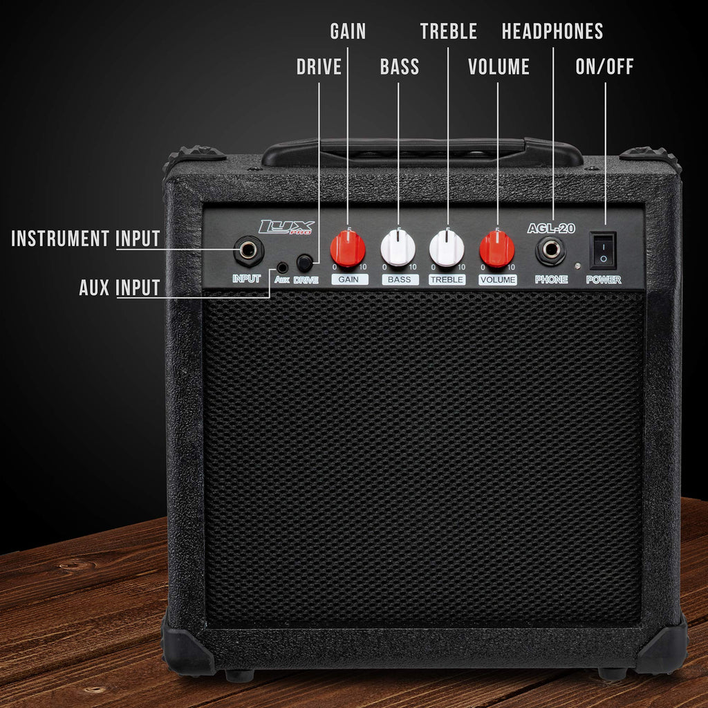 LyxPro Electric Guitar Amp 20 Watt Amplifier Built in Speaker Headphone Jack and Aux Input Includes Gain Bass Treble Volume and Grind - Black