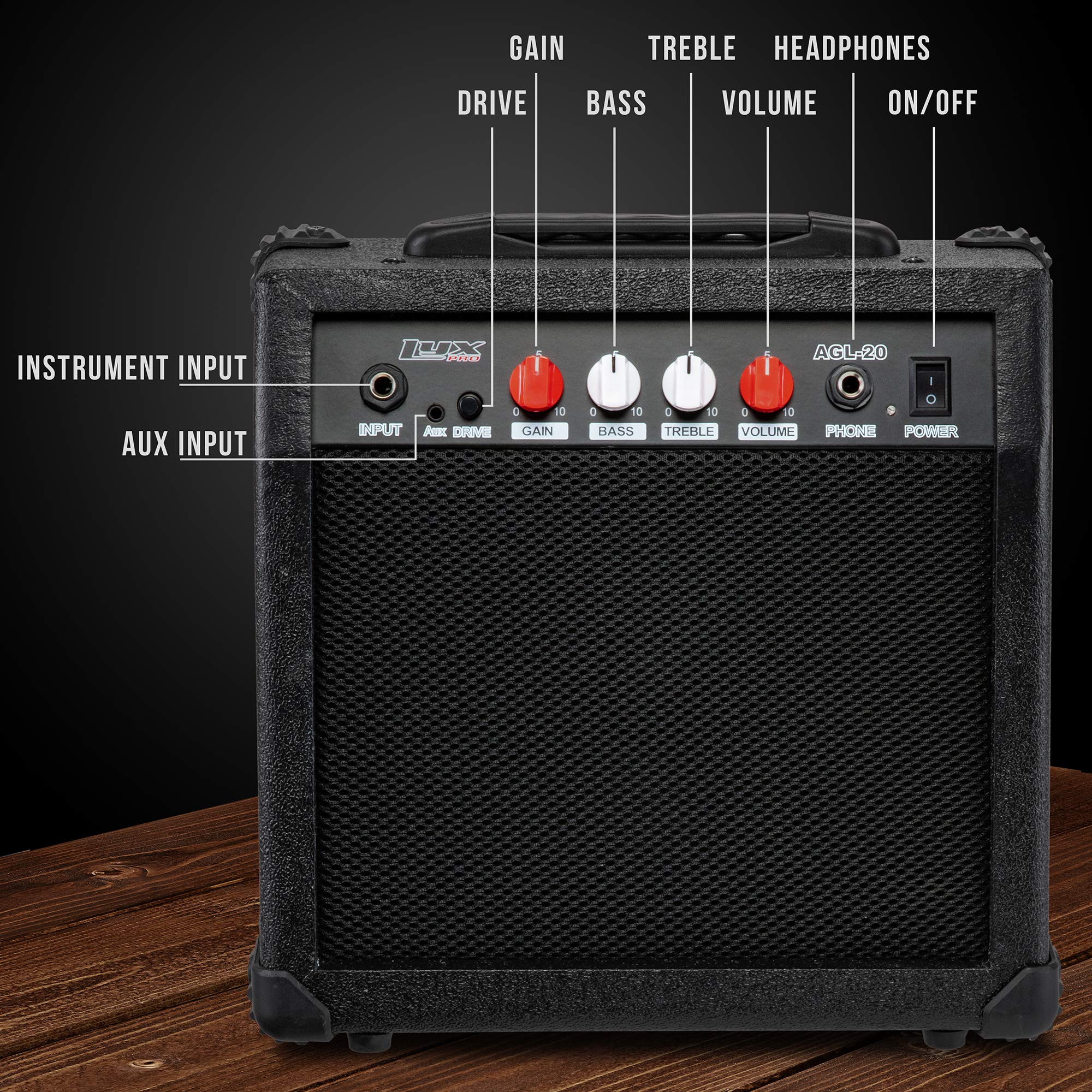 LyxPro Electric Guitar Amp 20 Watt Amplifier Built in Speaker Headphone Jack and Aux Input Includes Gain Bass Treble Volume and Grind - Black