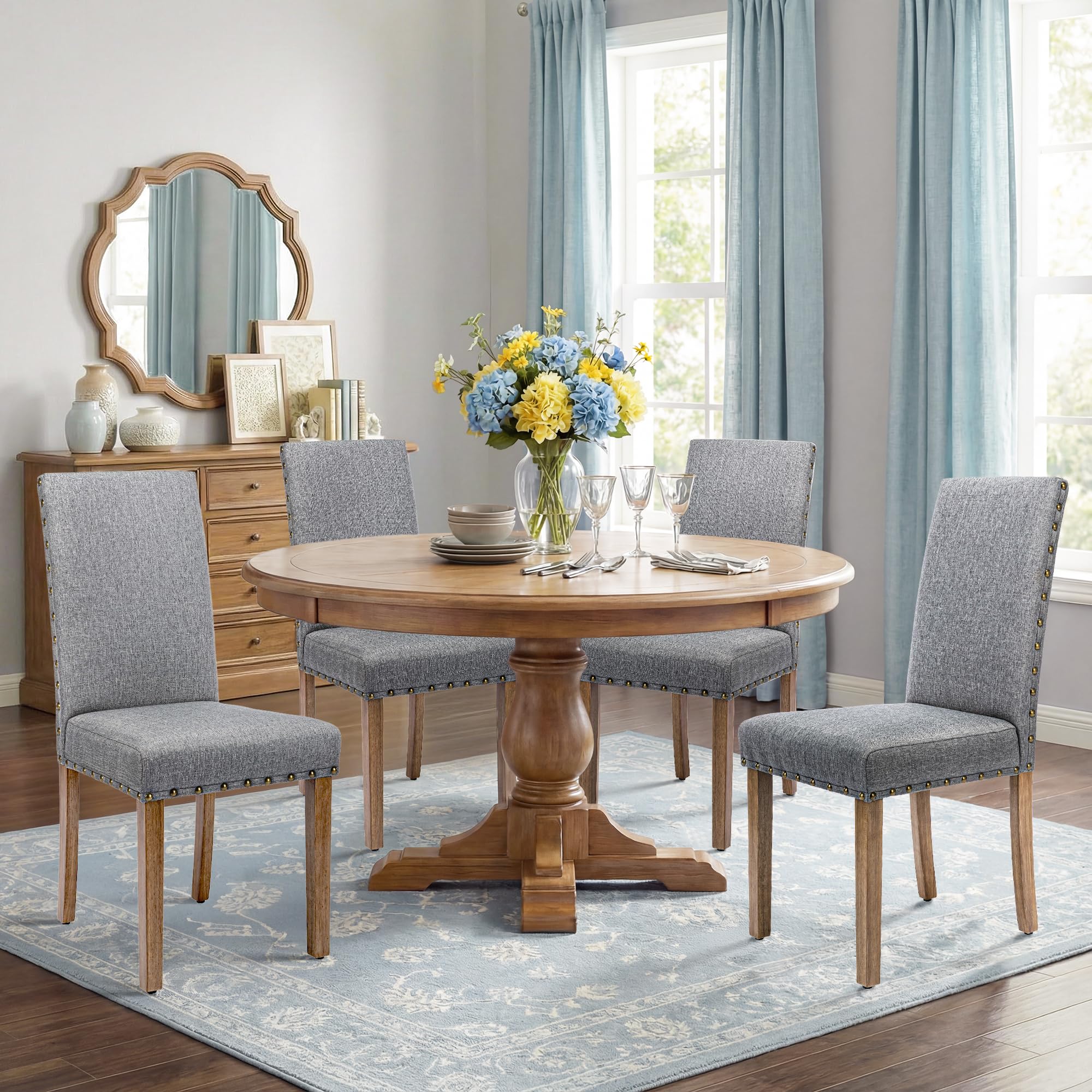 Upholstered Dining Chair Modern Stylish Parsons Kitchen Diner High Back with Bronze Nailhead Trim & Wood Legs, Set of 2, Grey