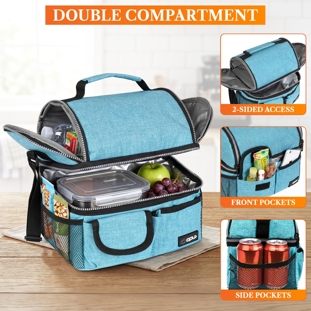opux Insulated Lunch Bag Women Men, Dual Compartment Leakproof Lunch Box Adults Kids, Double Decker Meal Prep Bento Lunch Cooler Tote with Shoulder Strap for Work Office School Travel, Black