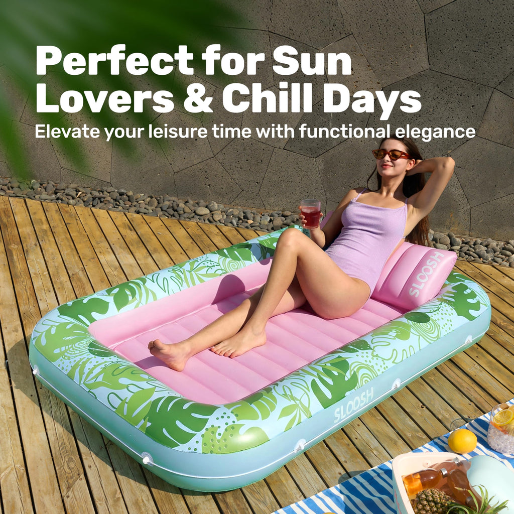 SLOOSH Inflatable Tanning Pool Lounger Float, 85" x 57" Extra Large Pool Floats Adult with Pillow, 4 in 1 Suntan Tub Raft Floatie,Sunbathing Bed Lounge for Water Blow Up Ball Pit Party Gifts, XL-Blue