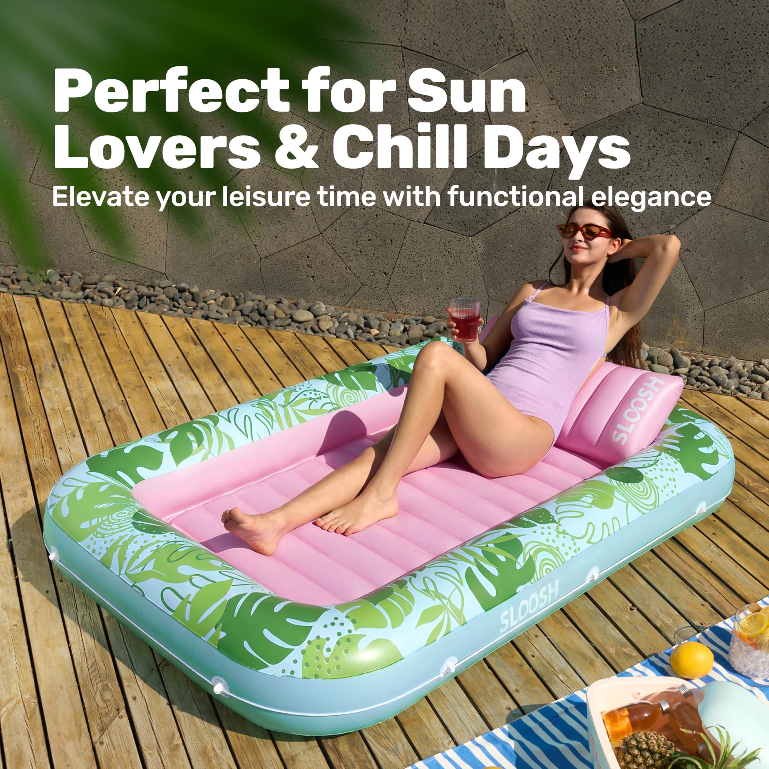 SLOOSH Inflatable Tanning Pool Lounger Float, 85" x 57" Extra Large Pool Floats Adult with Pillow, 4 in 1 Suntan Tub Raft Floatie,Sunbathing Bed Lounge for Water Blow Up Ball Pit Party Gifts, XL-Blue