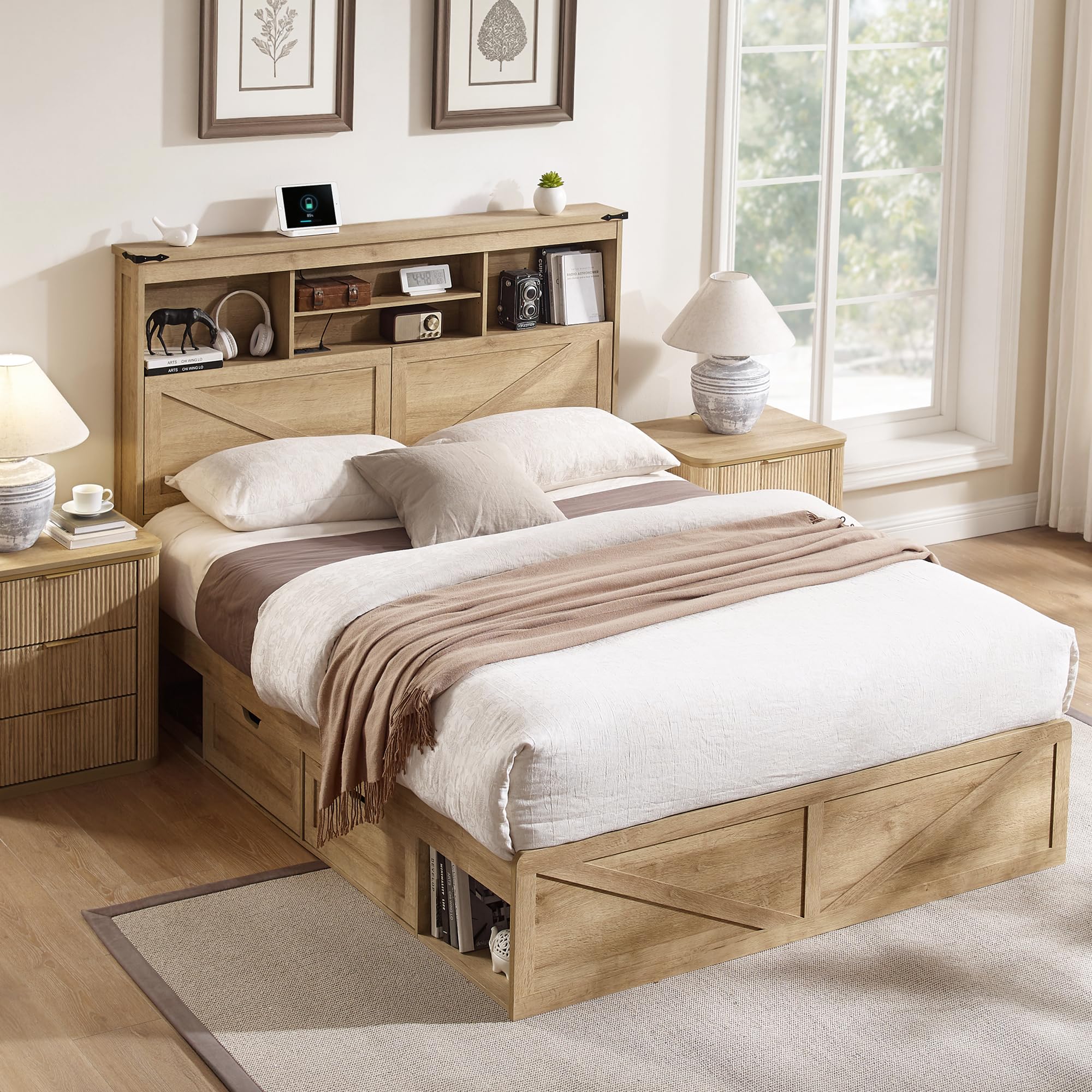 ACCOHOHO Farmhouse Queen Size Bed Frame with 52" Storage Bookcase Headboard and 4 Drawers,Wood Bed Frame with LED Light and Charging Station,Natural Oak