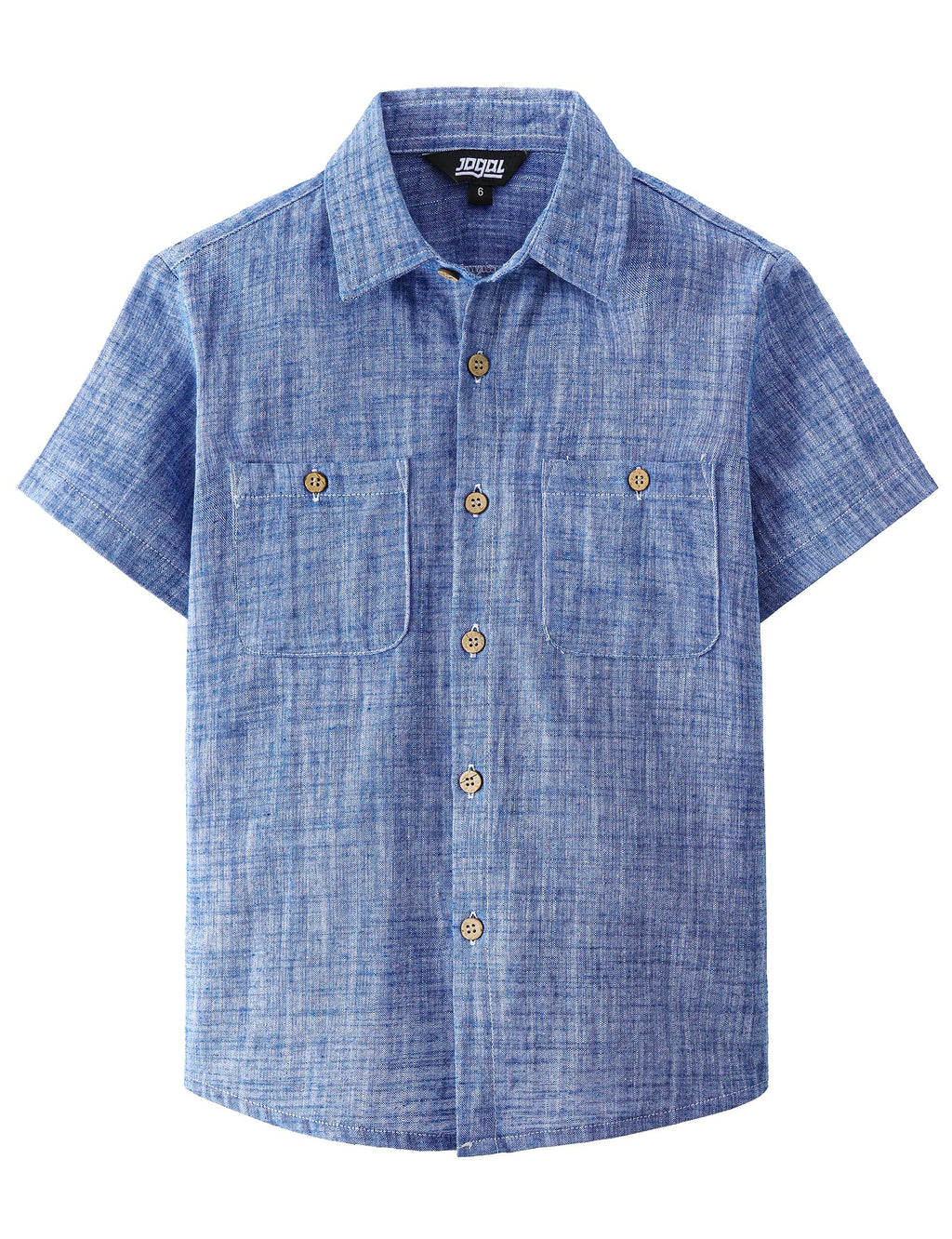 JOGAL Boys Chambray Shirts Short Sleeve Button Down Casual Cotton Woven Shirt with Two Pockets for Kids 6-14 Years