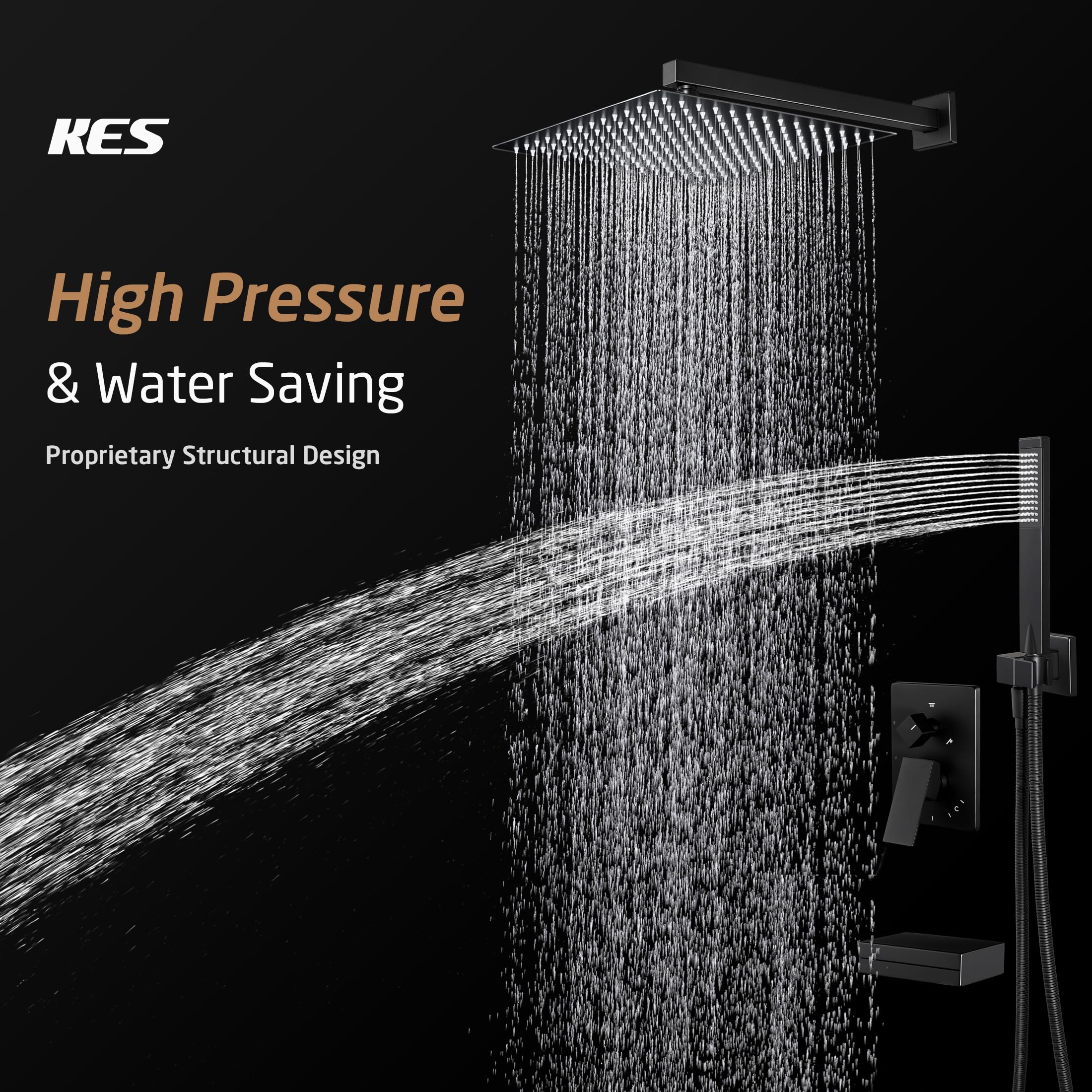 KES Tub and Shower Faucet Set Shower System with 10-Inch Rain Shower Head and Waterfall Tub Faucet Wall Mount Shower Valve and Trim Kit Included Matte Black, XB6240-BK