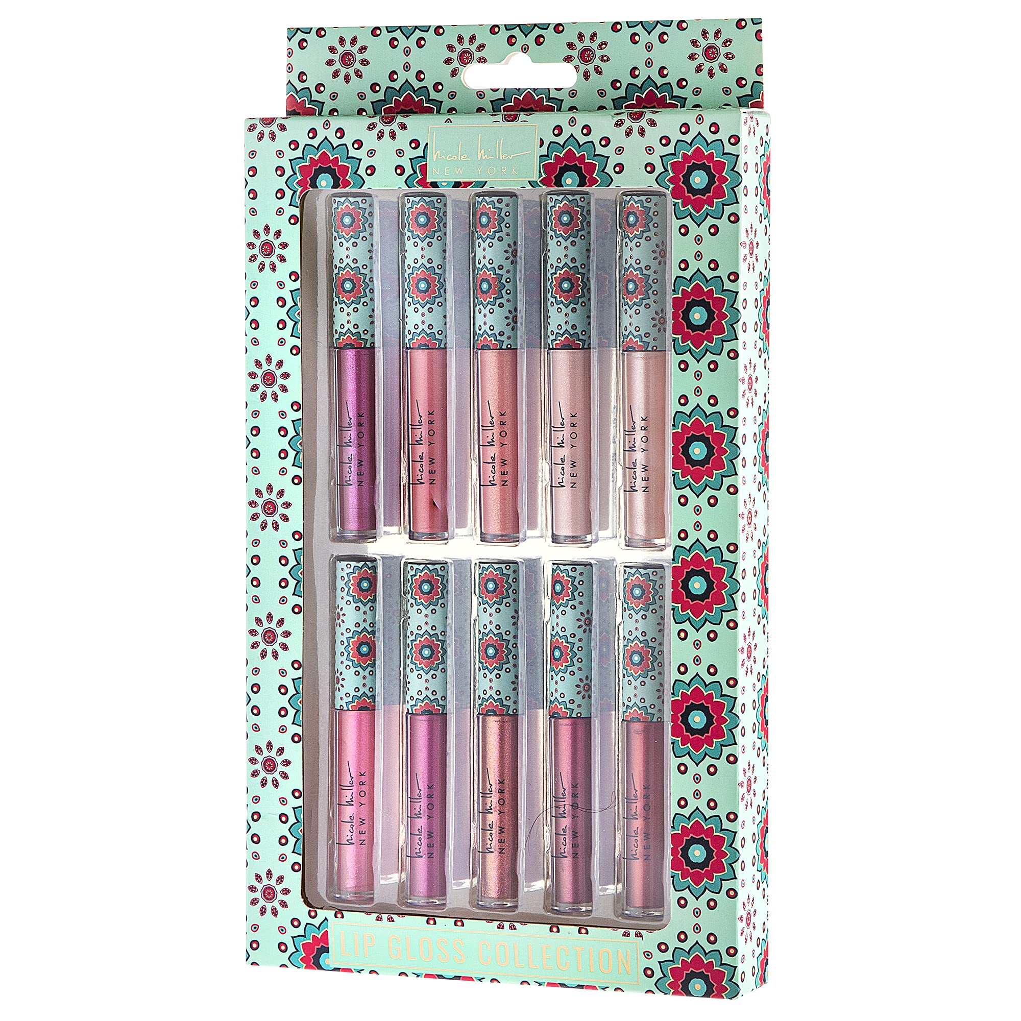 Nicole Miller Lip Gloss Collection Shimmery Glosses for Women and Girls Long Lasting Color Set with Rich Varied Colors, Flowery Pink, 10 Count (Pack of 1)