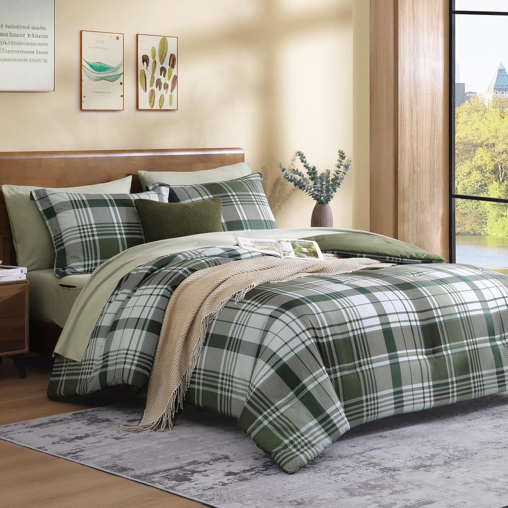 MaiRêve Queen Comforter Set, Classic Plaid Farmhouse Bedding Sets 7 Pieces, Beige All Season Bed in A Bag with Sheets, Pillowcases & Shams