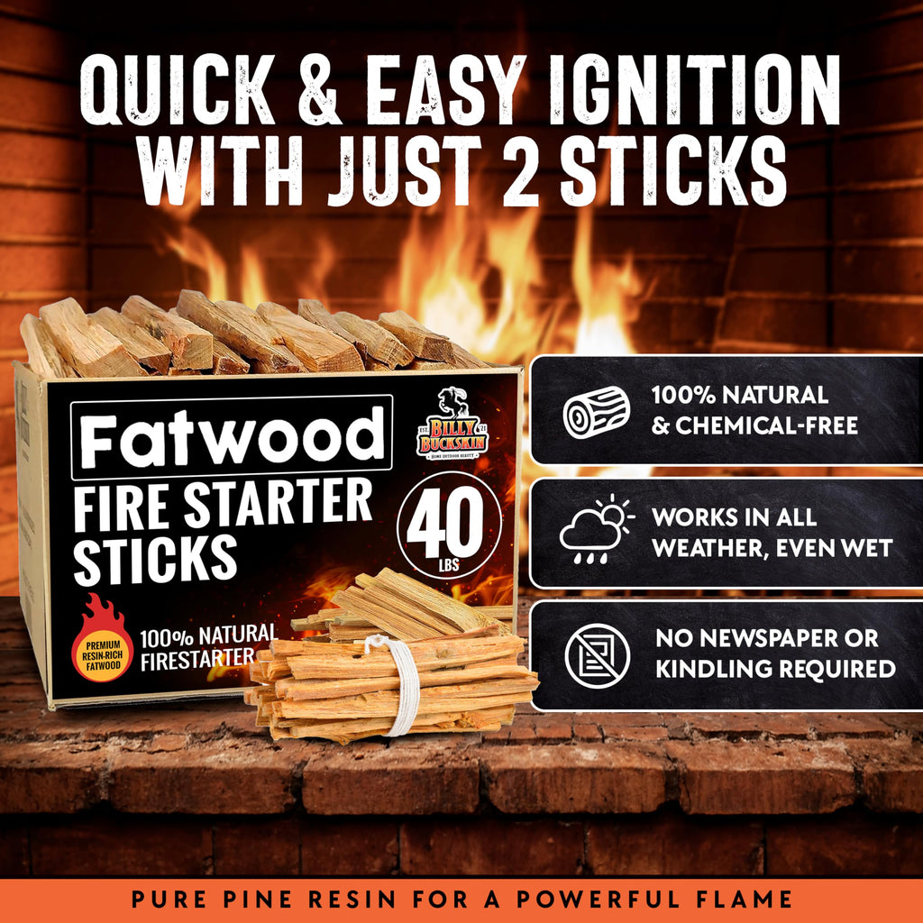 2lb Fatwood Fire Starter Sticks | 100% Natural Fire Starters for Campfires, Firepit, Wood Stoves, Fireplaces, BBQ | Start a Fire w/Just 2 Sticks | Camping Essentials by Billy Buckskin (2lb Bag)