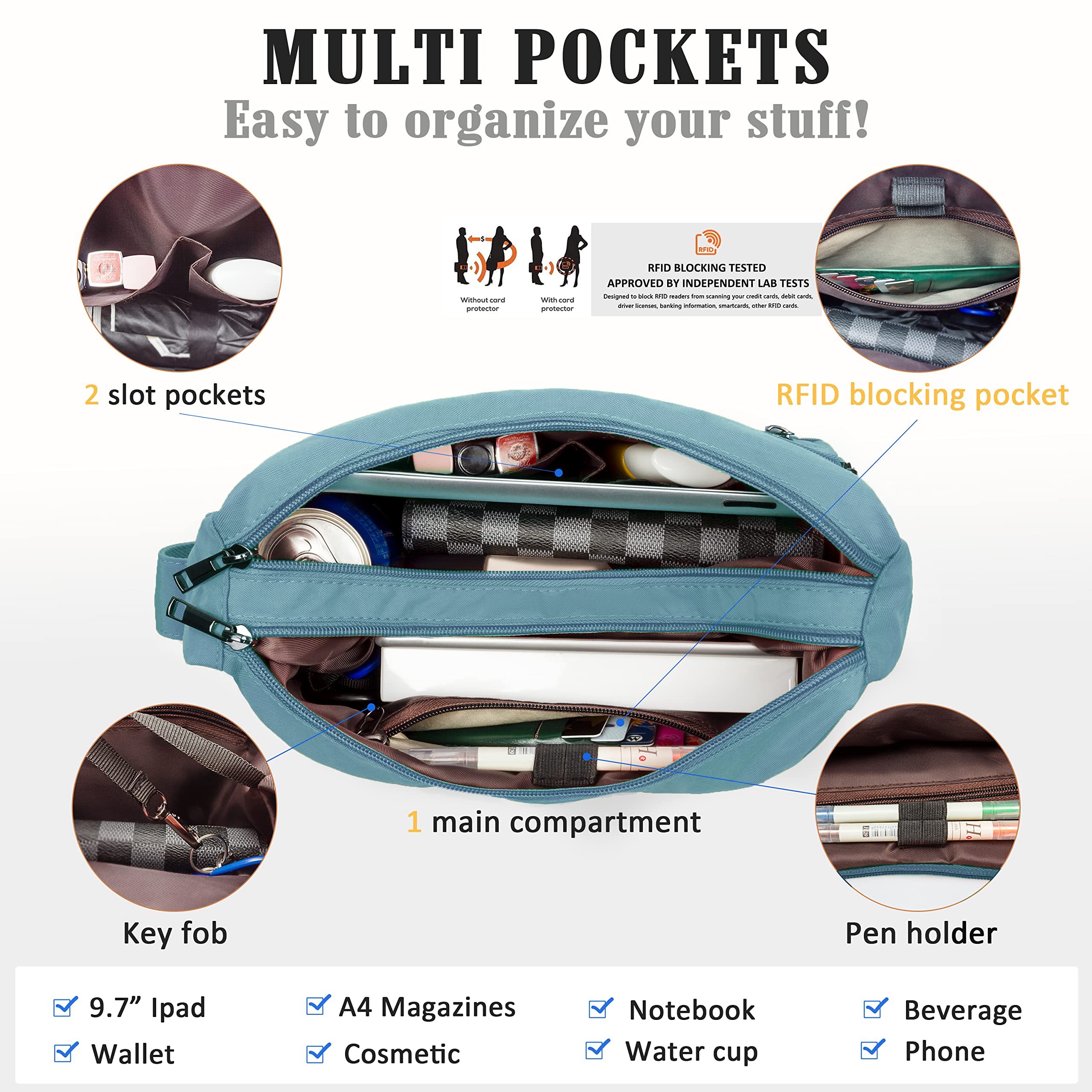 VOLGANIK ROCK RFID Purses for Women Fabric Nylon Multi Pocket Crossbody Bag Ladies Travel Handbag