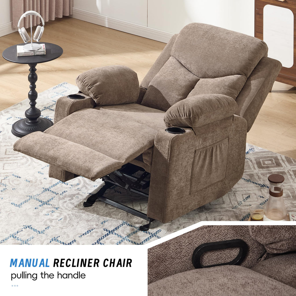 Manual Rocker Recliner Chair for Adults with Massage, Overstuffed Glider Rocking Chair with Cup Holders and Pockets for Living Room, Reclining Sofa Chair for Bedroom Nursery,Beige