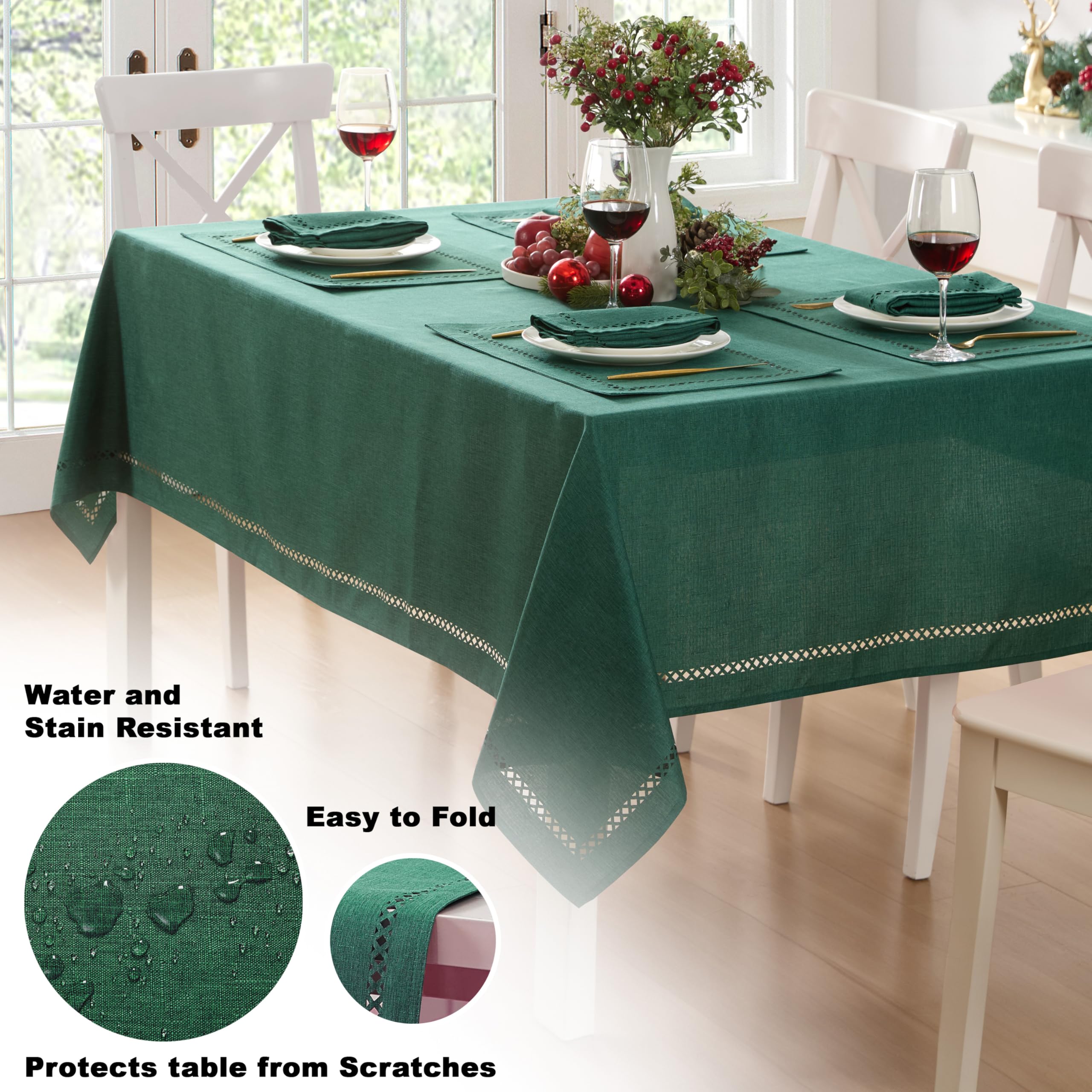 Newbridge Rectangle Fabric Placemats, Set of 4 Placemats, Provence Lattice Cutwork Solid Color Textured, Water and Stain Resistant Easy Care, Denim Blue