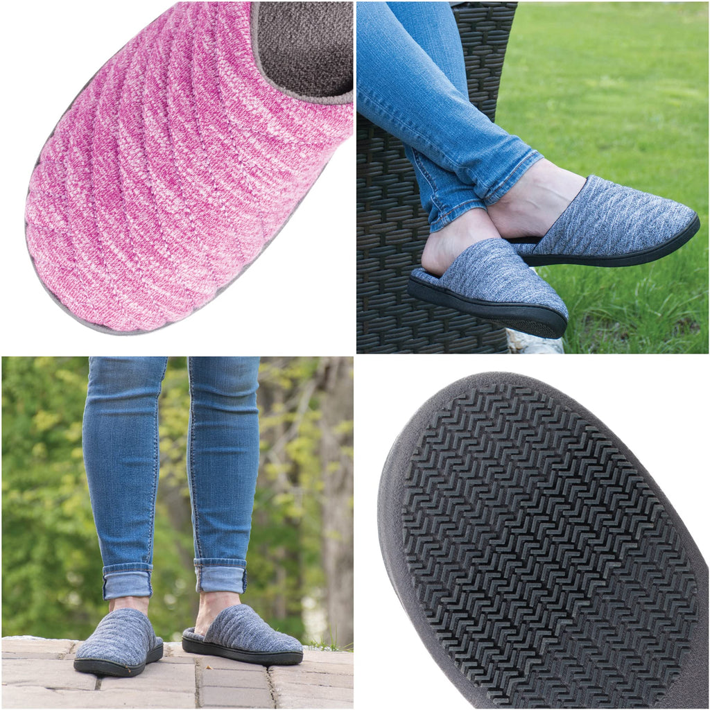 Isotoner Women's Premium Knit Slide Slippers - Moisture-Wicking Lining, Rubber Indoor/Outdoor Sole - Machine Washable House Shoes