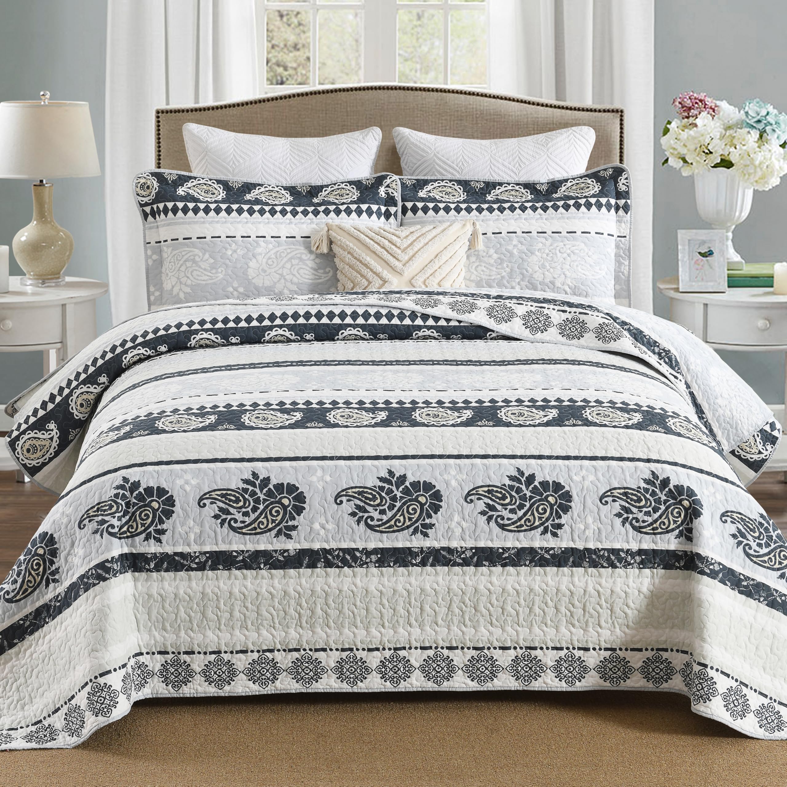 Yellow Quilts Queen Size, Paisley Comforter Set Queen Cotton Bed, Yellow Grey White Comforter, Striped Bedding Queen Size, Lightweight Luxury Bedspread,3 Piece