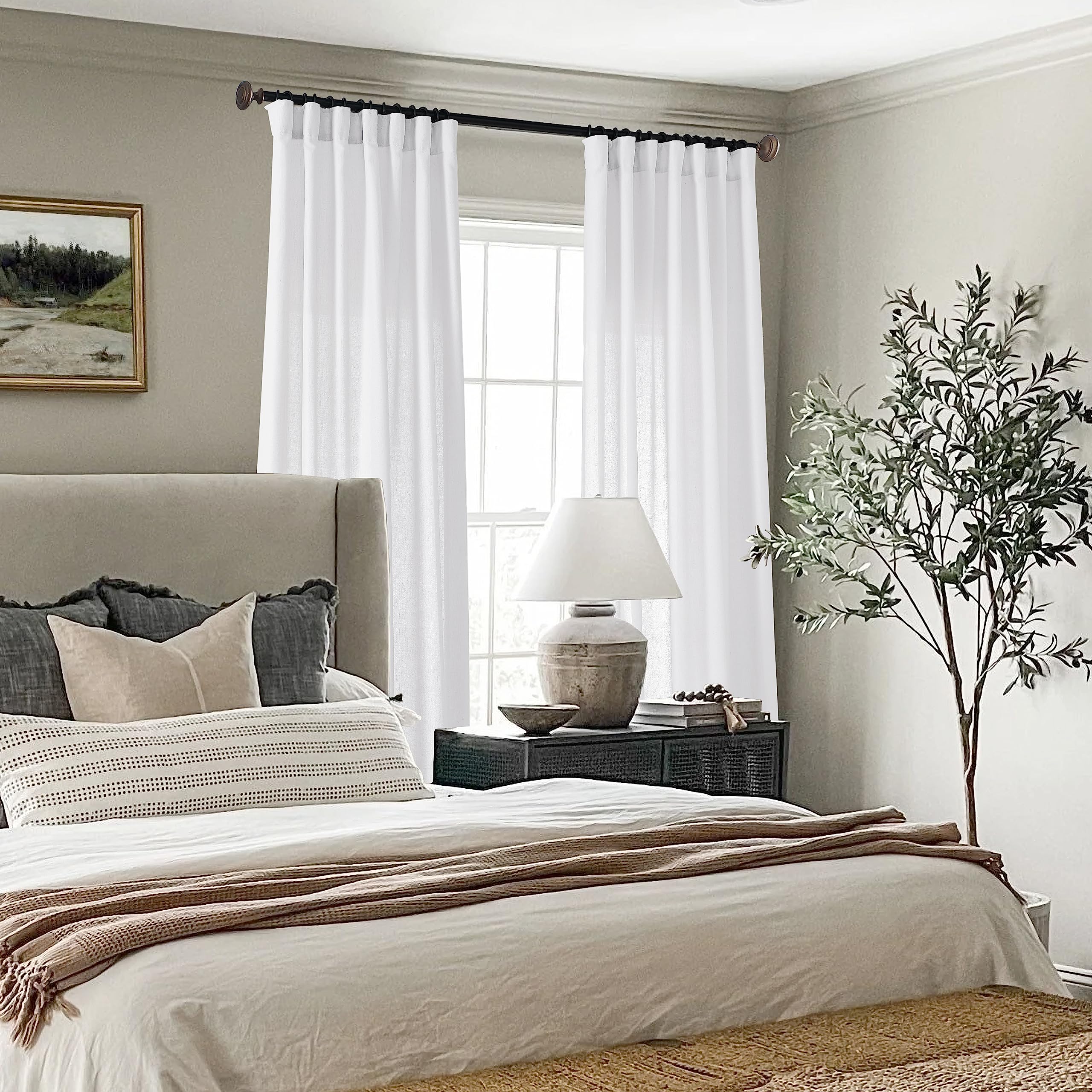 Black Linen Cotton Blend Sheer Curtains, Moody Light Filtering Drapes for Dark Academia Inspired Study Bedroom Living Room, 84 Inch Long 2 Panels Set