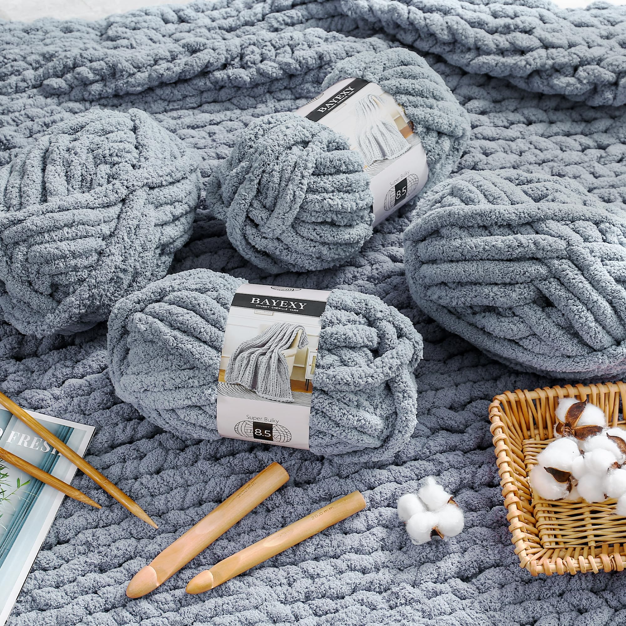 Chunky Chenille Yarn for Hand Knitting 8 Jumbo Pack Jumbo Chunky Yarn for Hand Soft Blanket Knitting, Bulky Thick Fluffy Yarn for Crocheting (Black)
