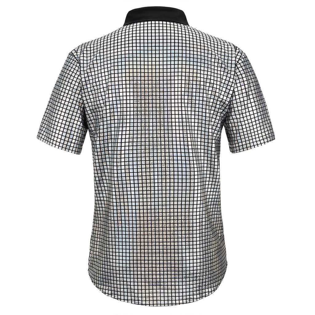 Zando Men's Sequin 70s 80s Disco Shirt - Retro Short Sleeve Button Up Costume Halloween New Year Party Outfit Top & Clubwear