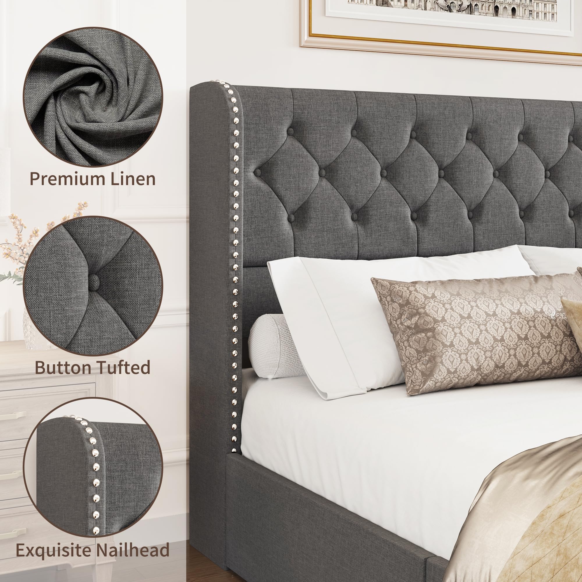 BRELTAM Full Size Bed Frame with Storage Drawers and Wingback Headboard Linen Upholstered Platform Bed Frame Tufted Beds with Heavy Duty Wood Slats, Noise Free, Easy Assembly, Beige