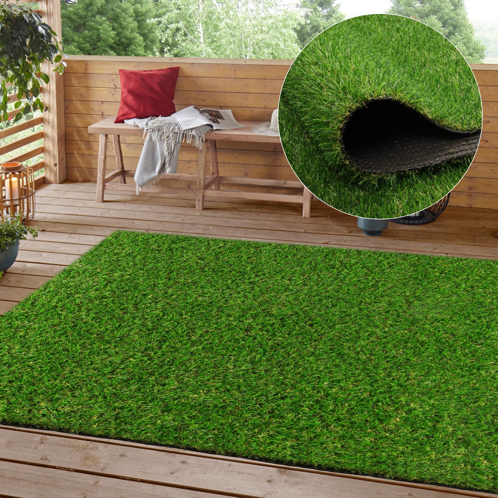 Heyroll Realistic Artificial Turf Grass, 3 FT X 3 FT Artificial Synthetic Fake Grass, 20MM Green Turf Rug Pet Dogs Lawn Mat with Drainage Holes for Indoor Outdoor Patio Garden Landscape/Custom Size