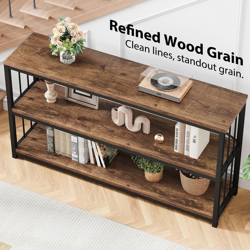 LVB Black Console Table, Modern Entryway Table for Hallway Living Room, Industrial Sofa Table Behind Couch, Farmhouse Wooden Metal Entry Table for Foyer with 3-Tier Storage Shelves, Black Oak, 55 Inch