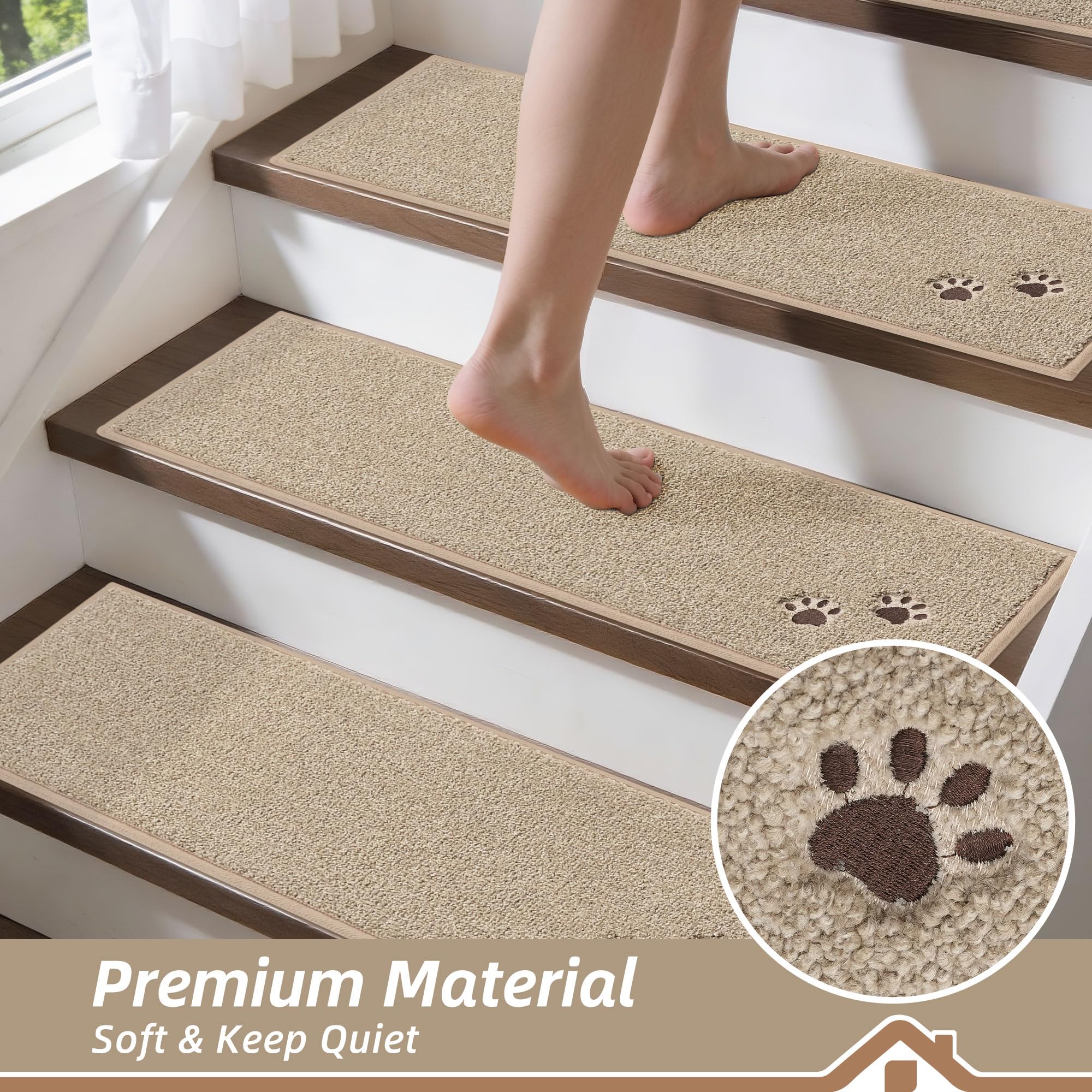 BEQHAUSE Stair Treads for Wooden Steps 28inX9in, Non Slip Carpet Stair Treads Indoor Stair Runners Machine Washable, Soft Stair Rugs Mat Surface Polyester TPE Backing, 4pcs, Beige