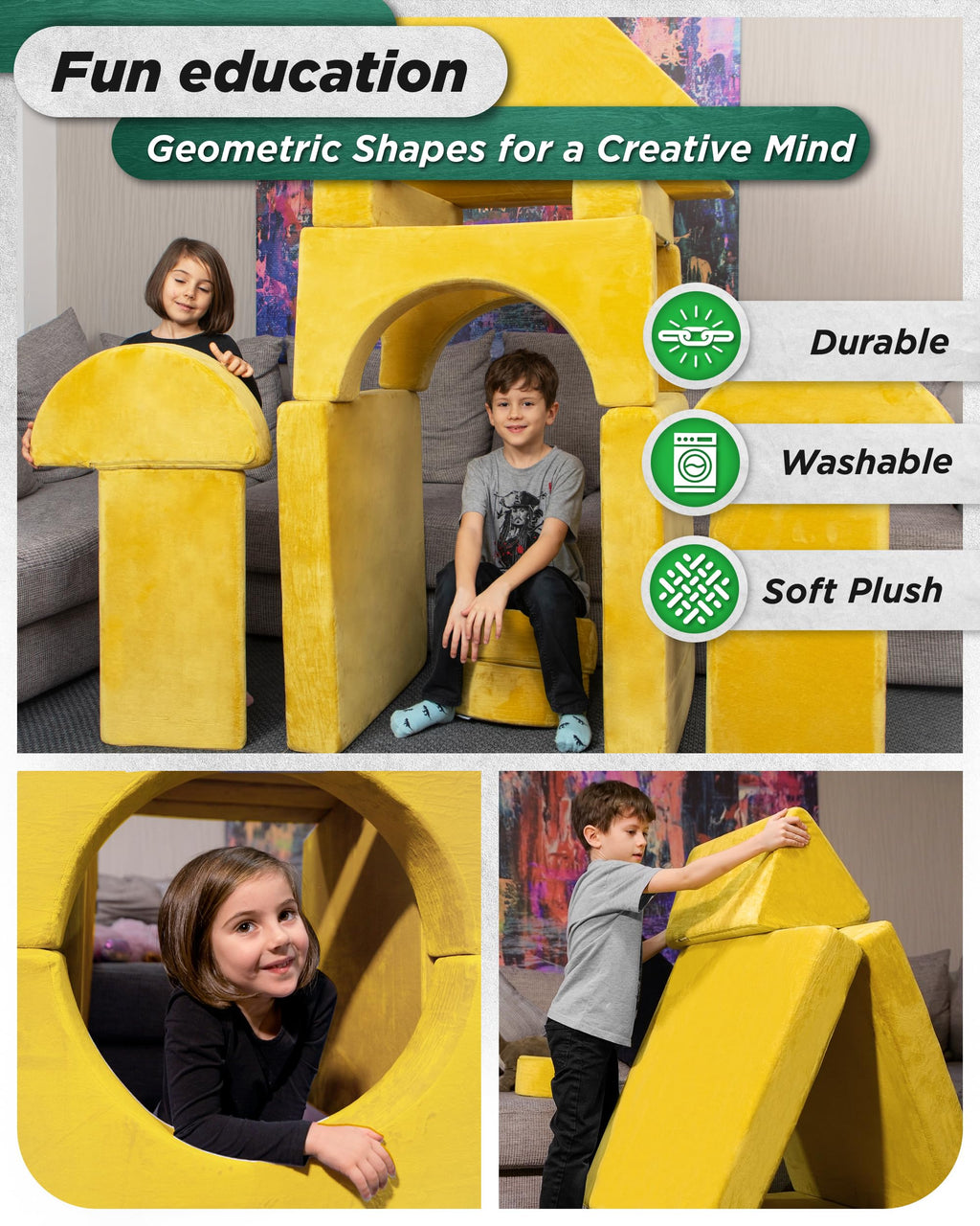 Lunix LX15 14pcs Modular Kids Play Couch, Child Sectional Sofa, Fortplay Bedroom and Playroom Furniture for Toddlers, Convertible Foam and Floor Cushion for Boys and Girls, Amber Yellow