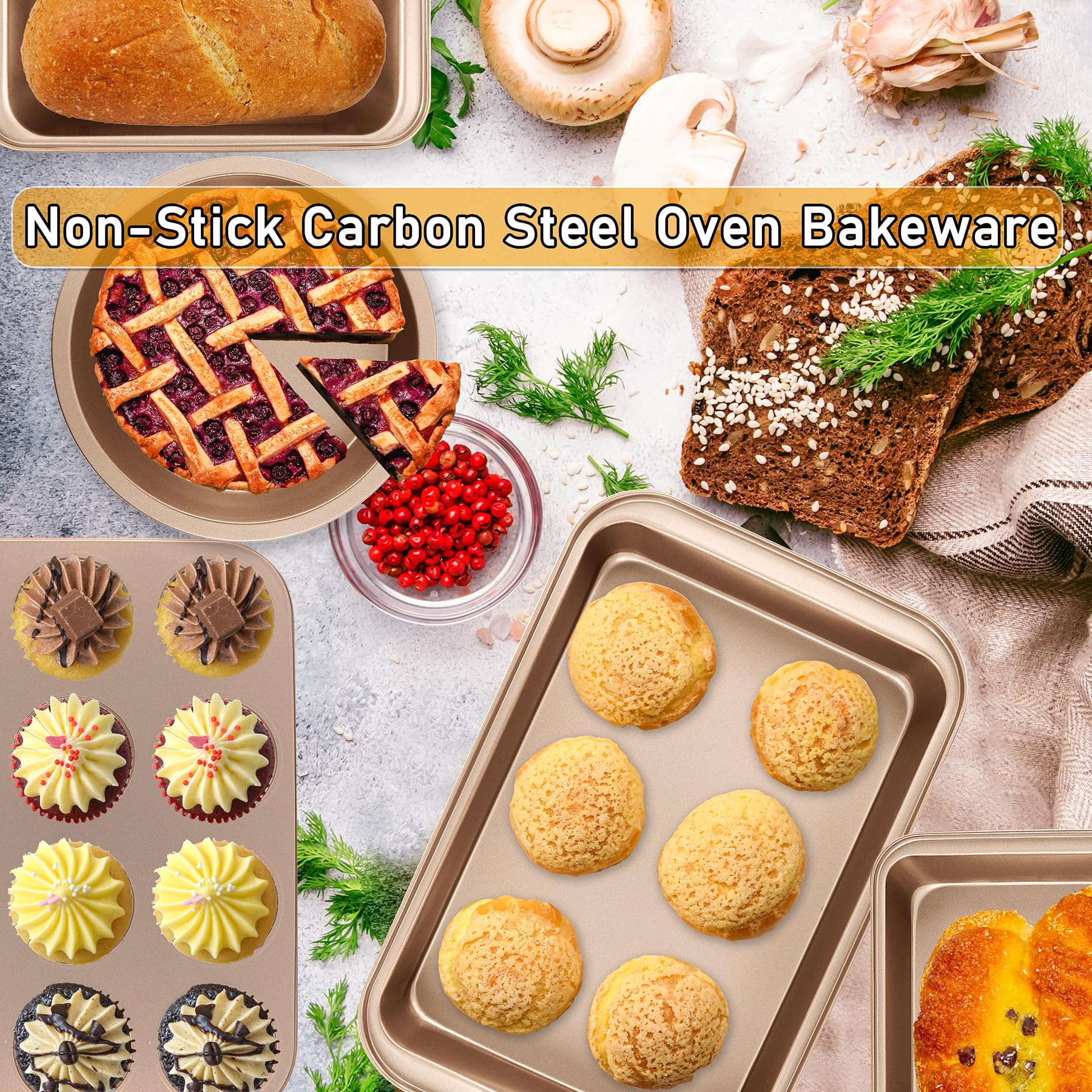 mobzio Kitchen 5-Piece Nonstick Bakeware Set - Round/Square Cake Pans, Muffin Pan, Loaf Pan, Roast Pan & Baking Sheets