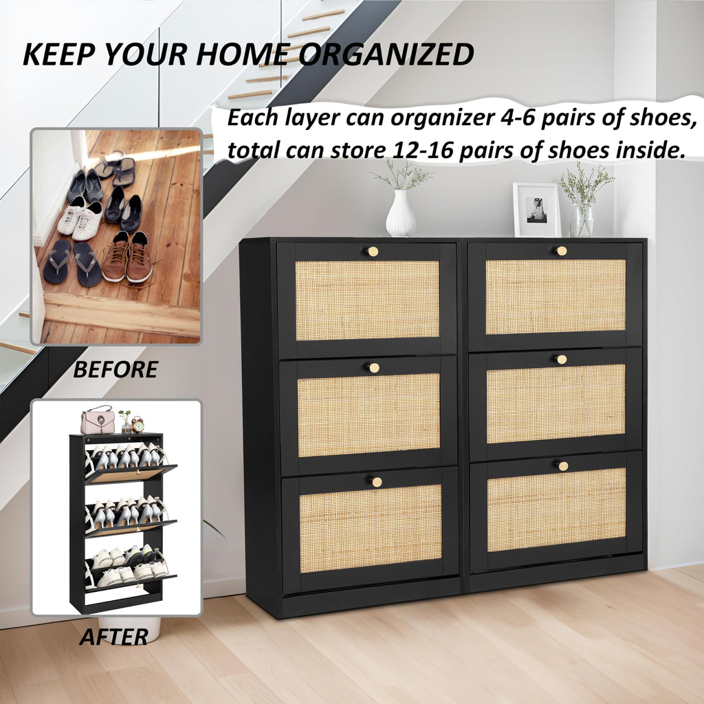 Finnhomy 3 Tier Shoe Cabinet with Natural Rattan Flip Drawers for Entryway, Free Standing Slim Shoe Storage Organizer with Large Top Board, Shoe Cabinet with Adjustable Width Drawers, Black