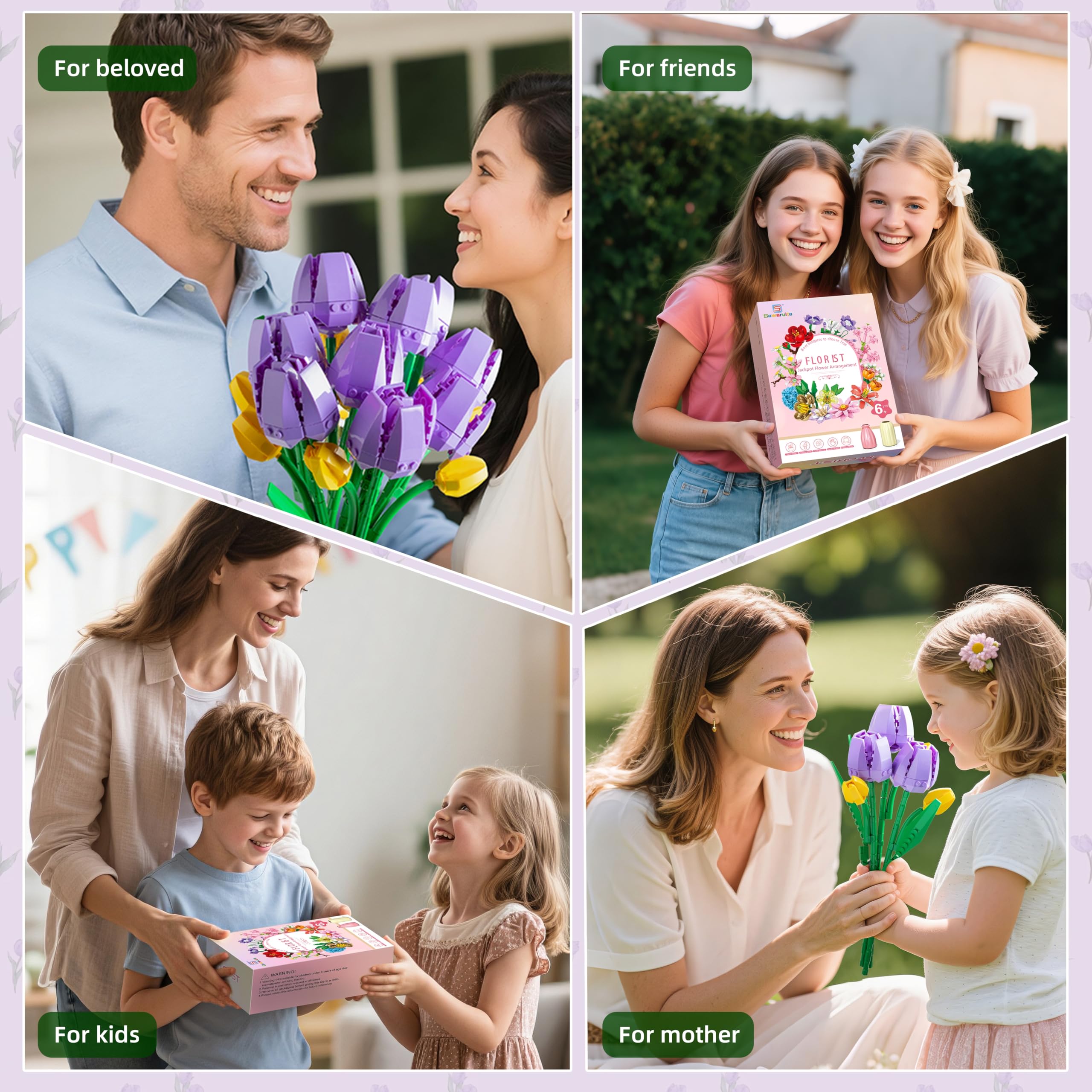 Sawaruita Purple Tulip Flower Bouquet Building Block Sets for Adult Women | Botanical Collection with Vase, Home Decor Gifts for Mothers Day,Valentines,Birthday