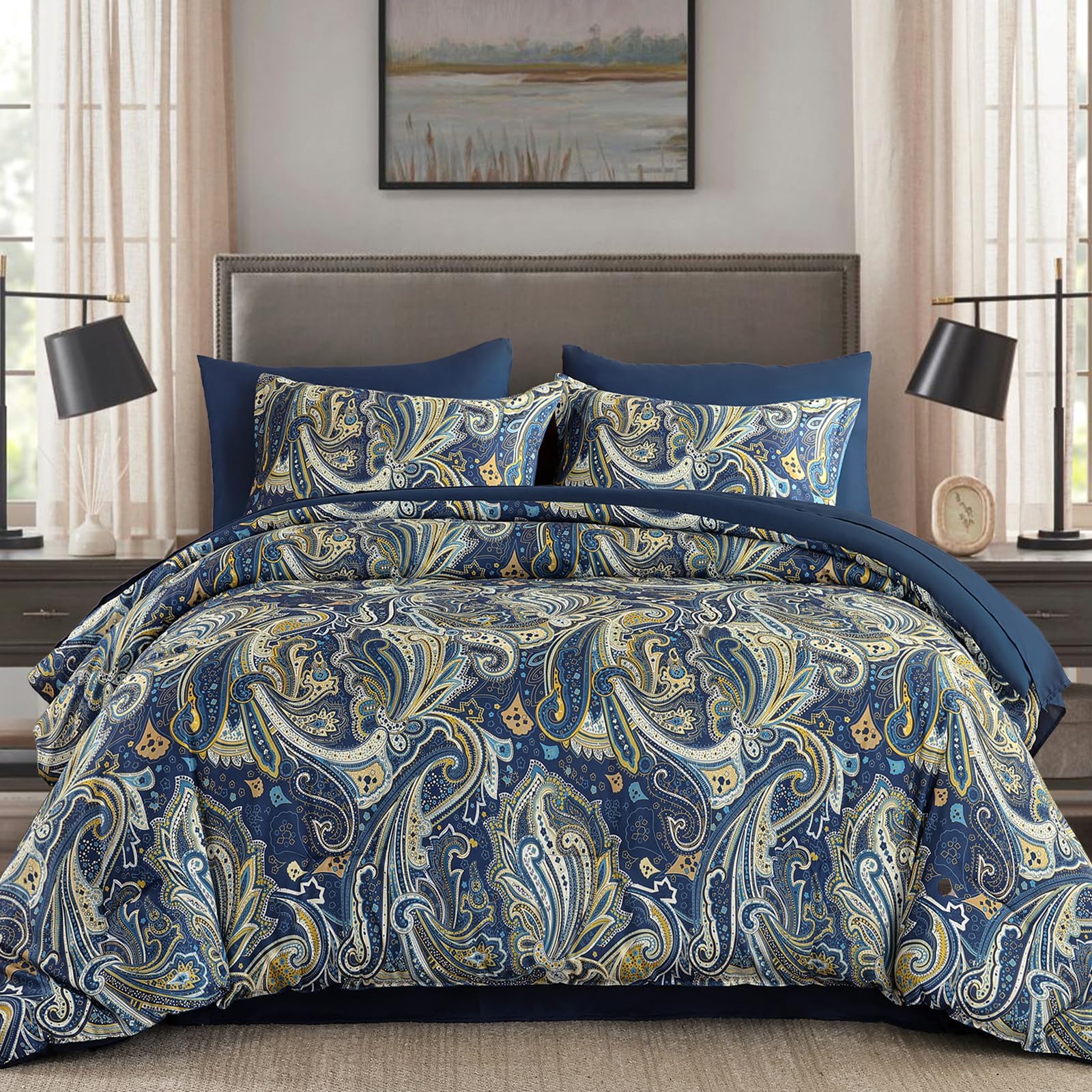 DJY Black Paisley Comforter Set Full Size 7 Piece Bed in a Bag Black and Grey Boho Paisley Pattern Comforter Set Soft Lightweight Microfiber Reversible Bedding Set for All Season