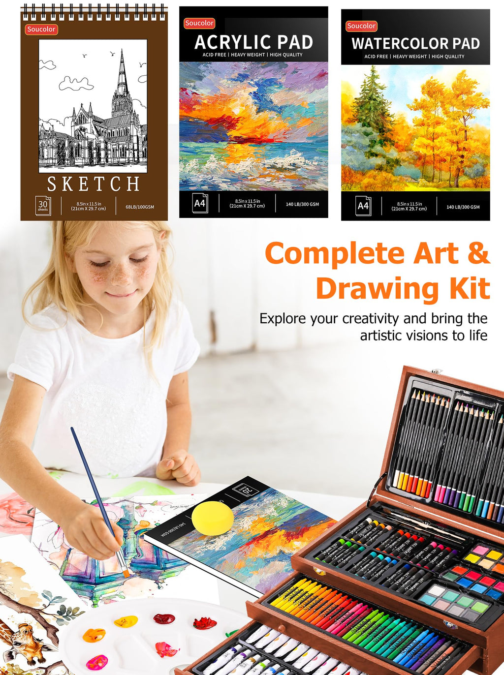 Soucolor Art Supplies, 192-Pack Deluxe Art Set Drawing Painting Supplies Kit with Acrylic Pad, Watercolor Pad, Sketch Book, Canvases, Acrylic Paint, Crayons, Pencils, Gifts for Artist Adults Teen Kids