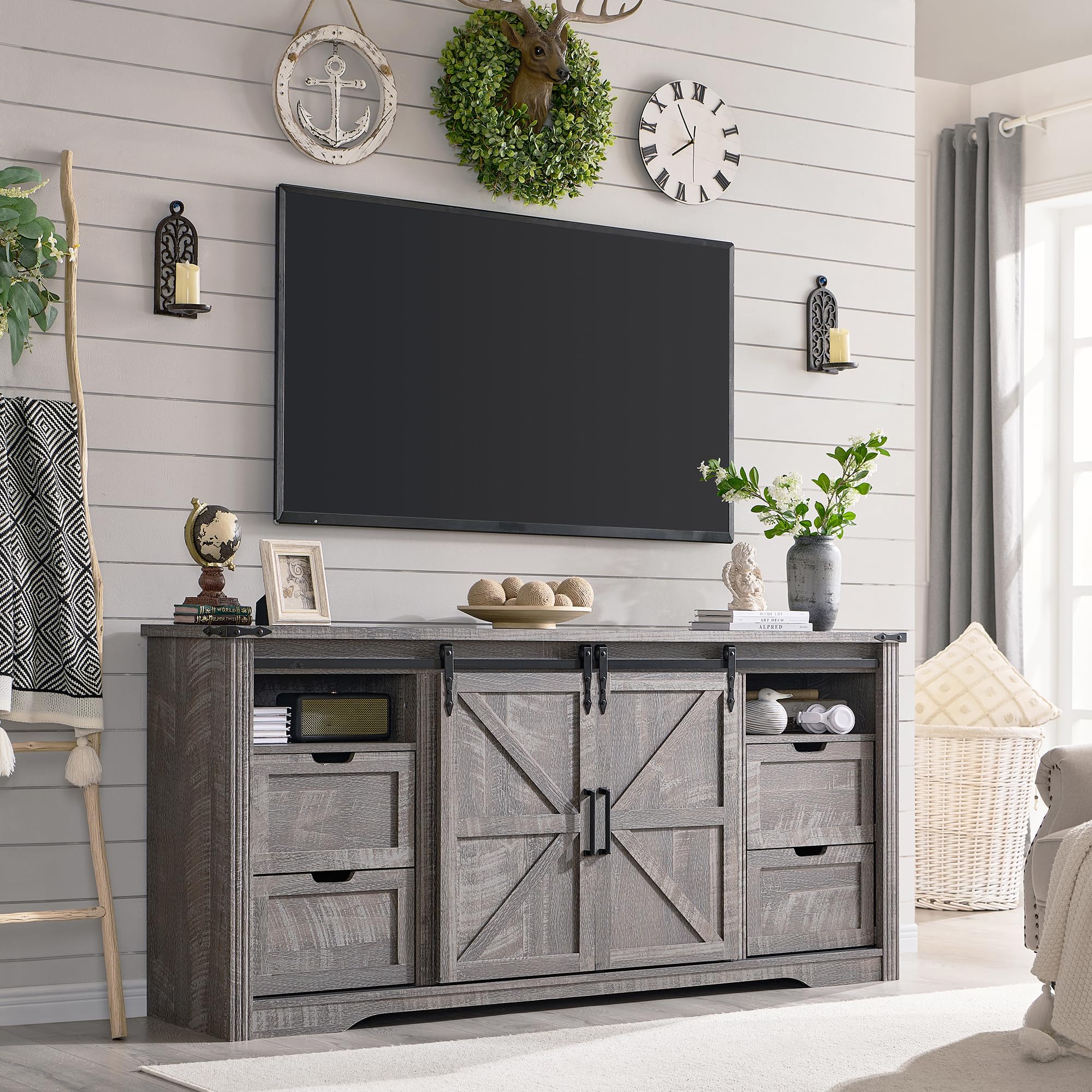 JXQTLINGMU Farmhouse TV Stand for 75+ Inch TV, 32" Tall Entertainment Center w/4 Drawers & Sliding Barn Door, Rustic Media Console w/Storage Shelves, 66" Wood Television Stand for Living Room, Black
